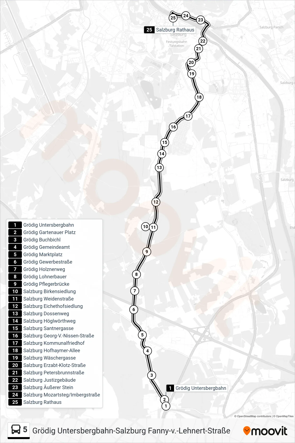 5 bus Line (Rathaus) route and stops on a map