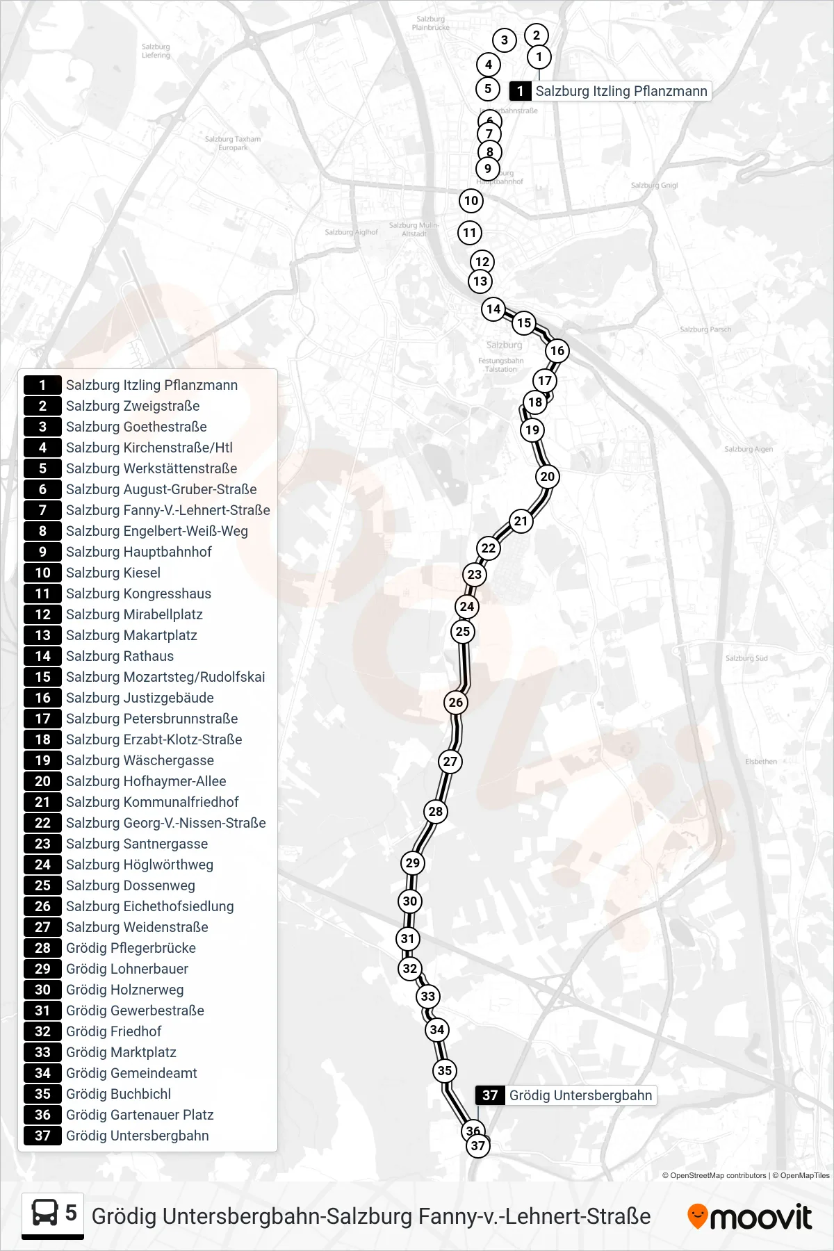 5 bus Line (Untersbergbahn) route and stops on a map