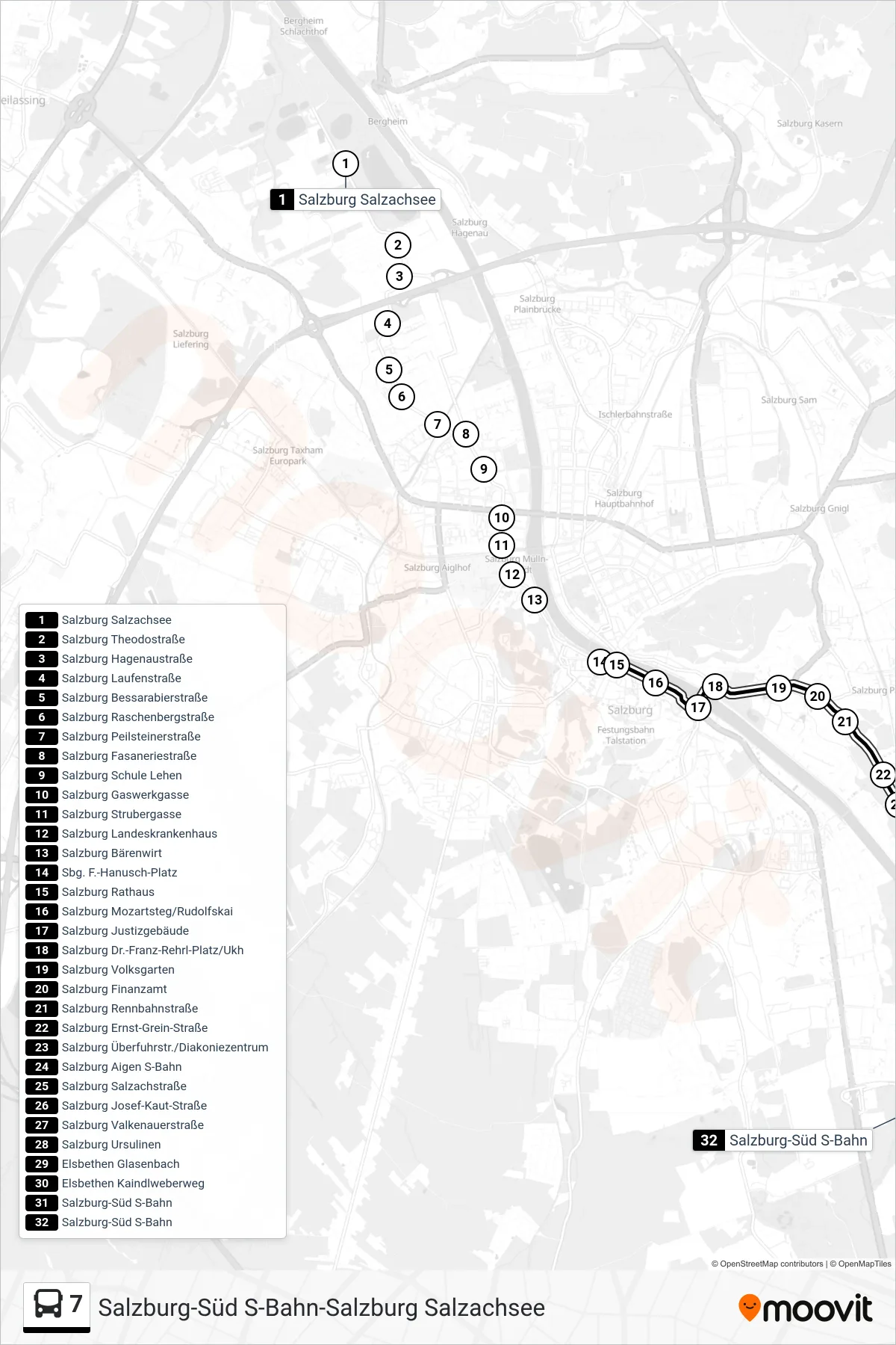 7 bus Line (Salzburg Süd) route and stops on a map