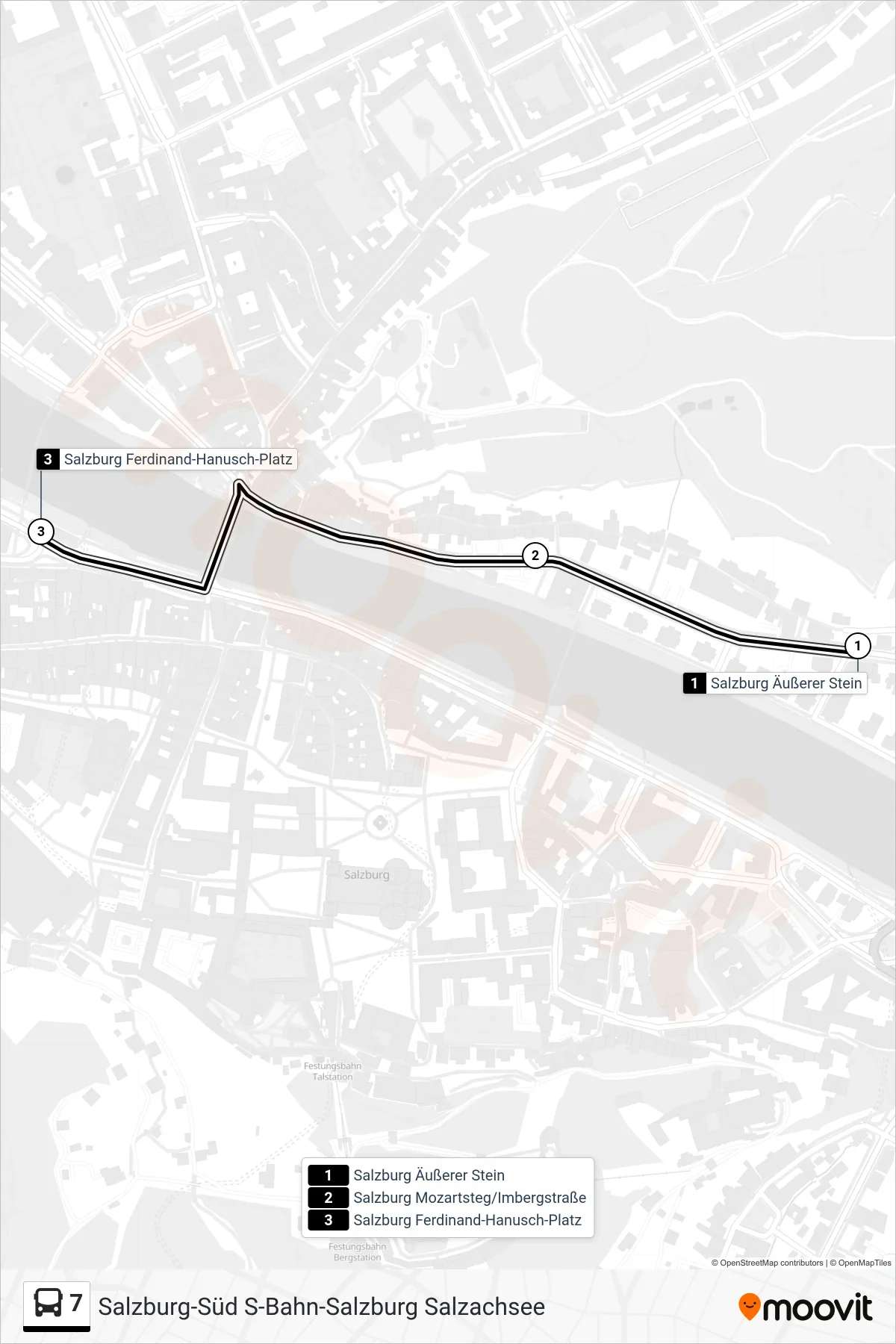 7 bus Line (Hauptbahnhof (Ü. Maxglan)) route and stops on a map