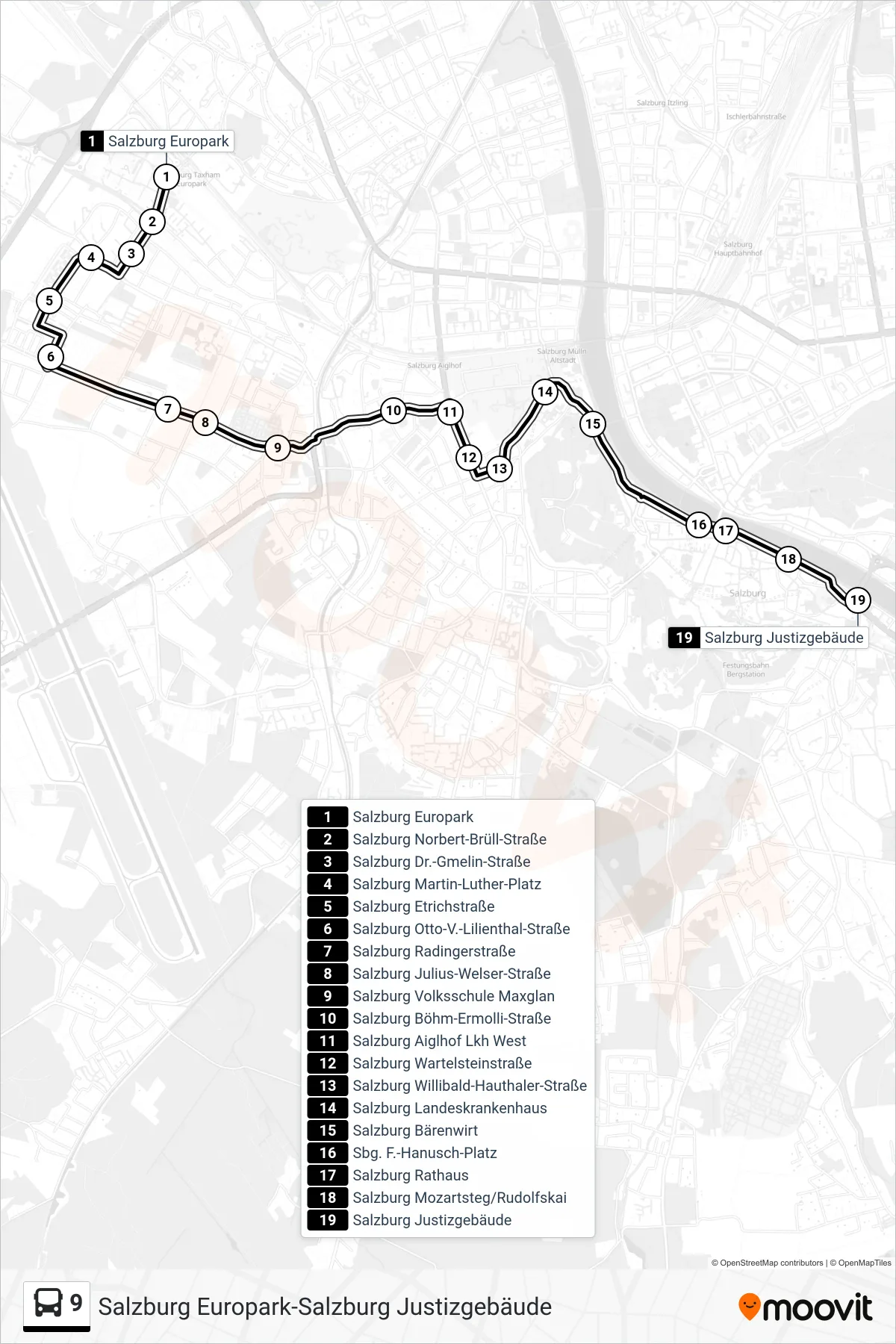 9 bus Line (Justizgebäude) route and stops on a map