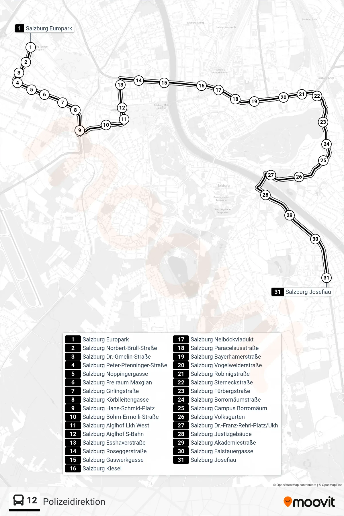 12 bus Line (Polizeidirektion) route and stops on a map