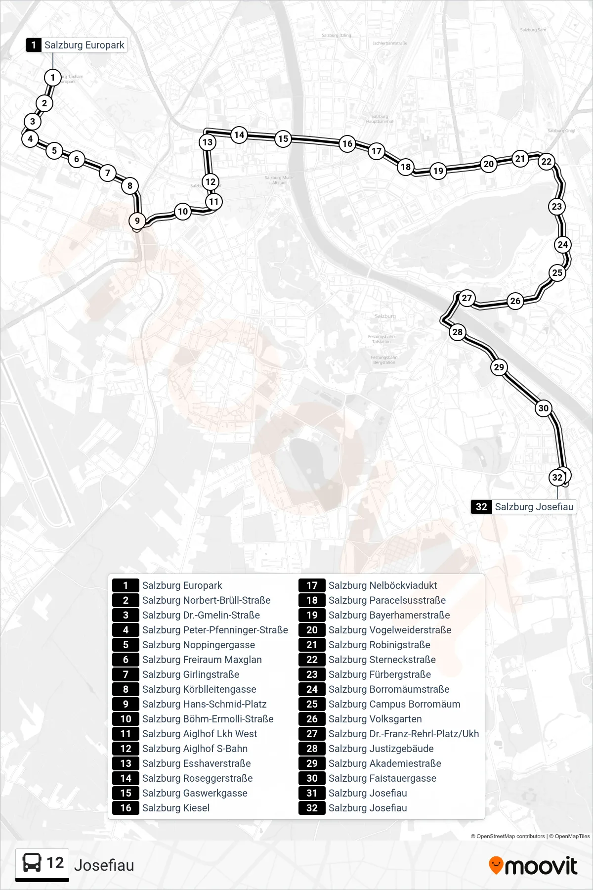 12 bus Line (Josefiau) route and stops on a map