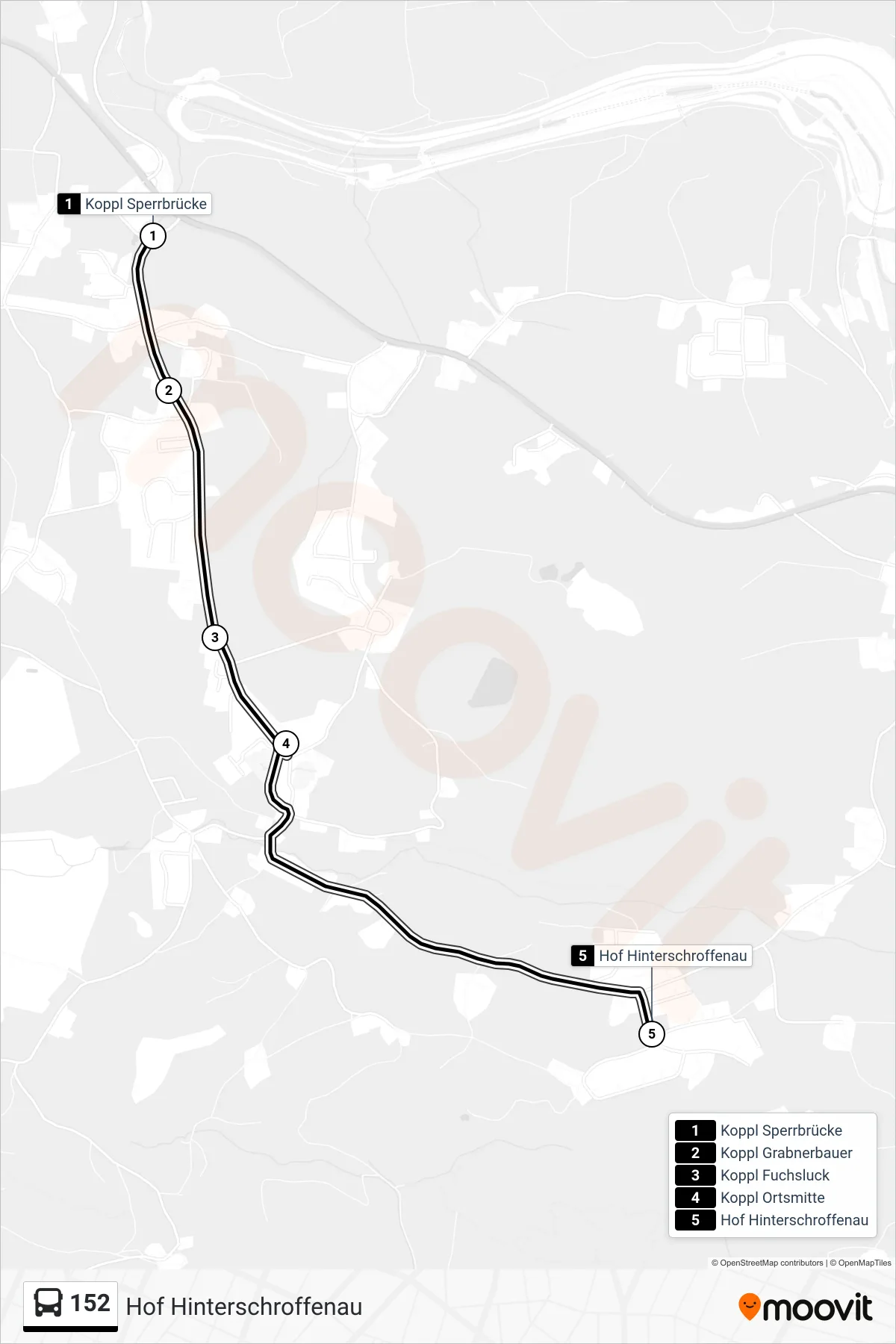 152 bus Line (Hof Hinterschroffenau) route and stops on a map