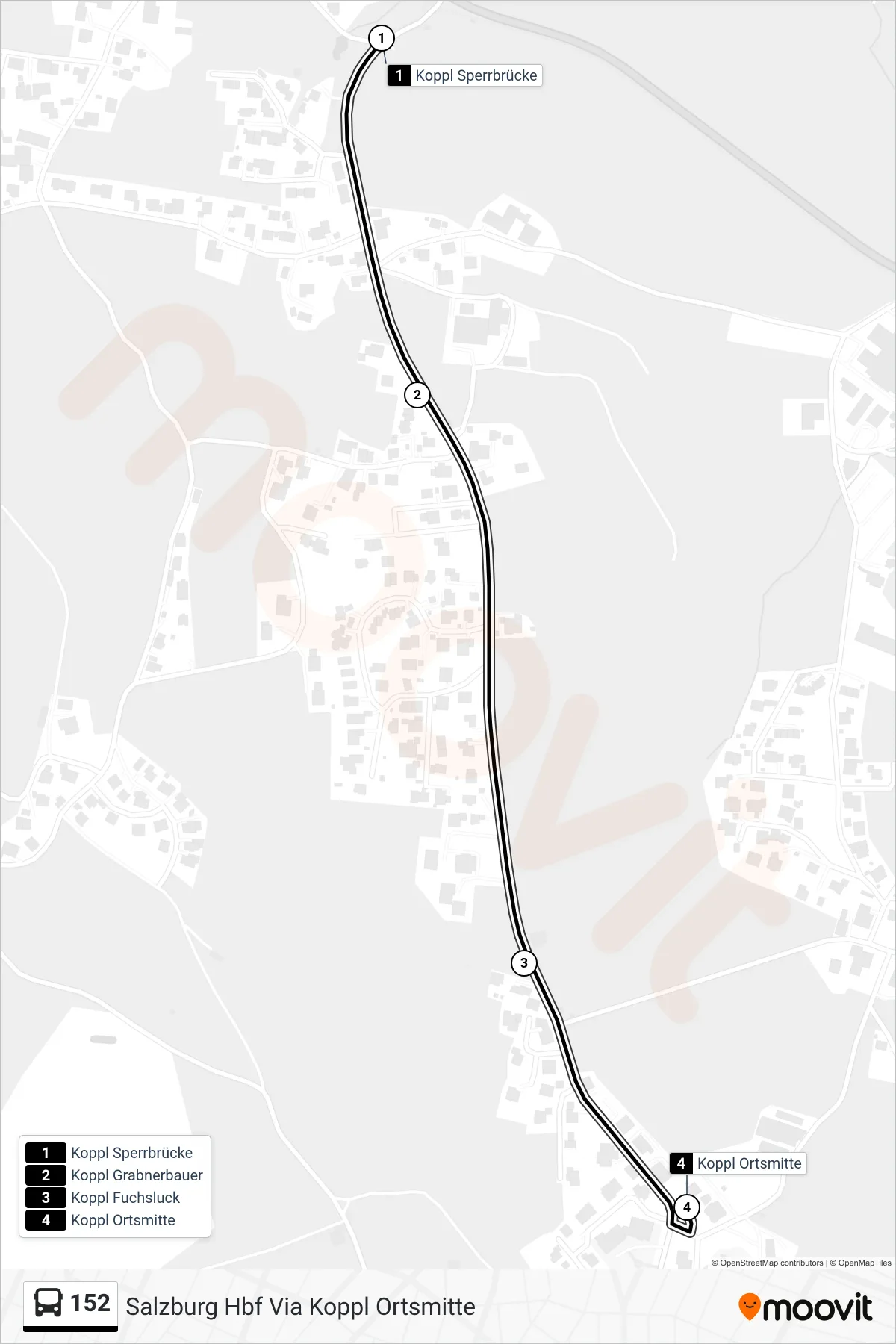 152 bus Line (Salzburg Hbf Via Koppl Ortsmitte) route and stops on a map