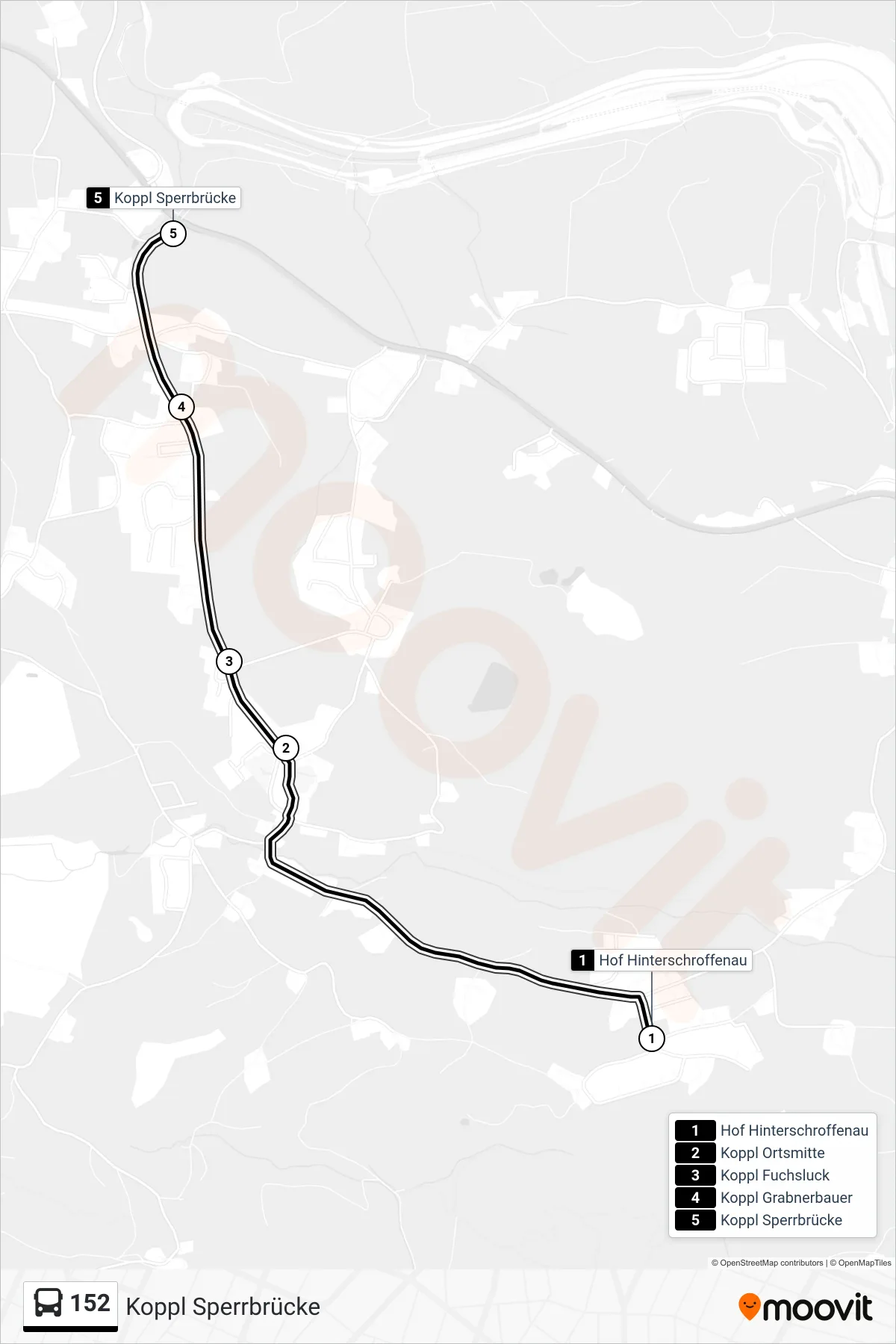 152 bus Line (Koppl Sperrbrücke) route and stops on a map