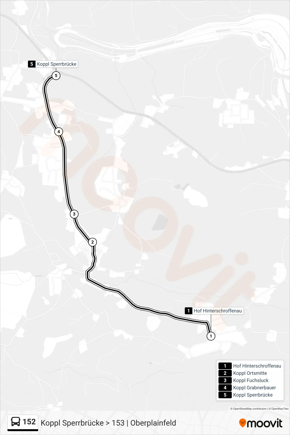 152 bus Line (Koppl Sperrbrücke > 153 | Oberplainfeld) route and stops on a map