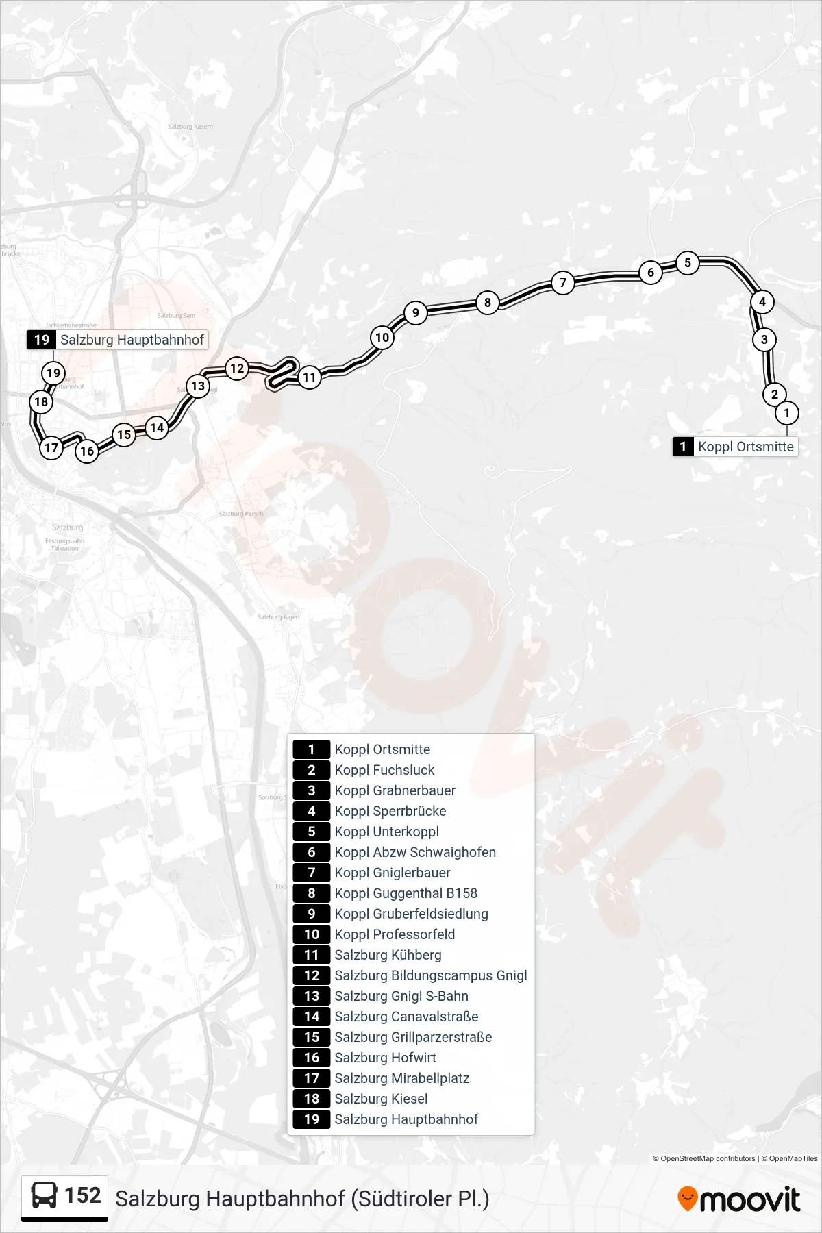 152 bus Line (Salzburg Hauptbahnhof (Südtiroler Pl.)) route and stops on a map