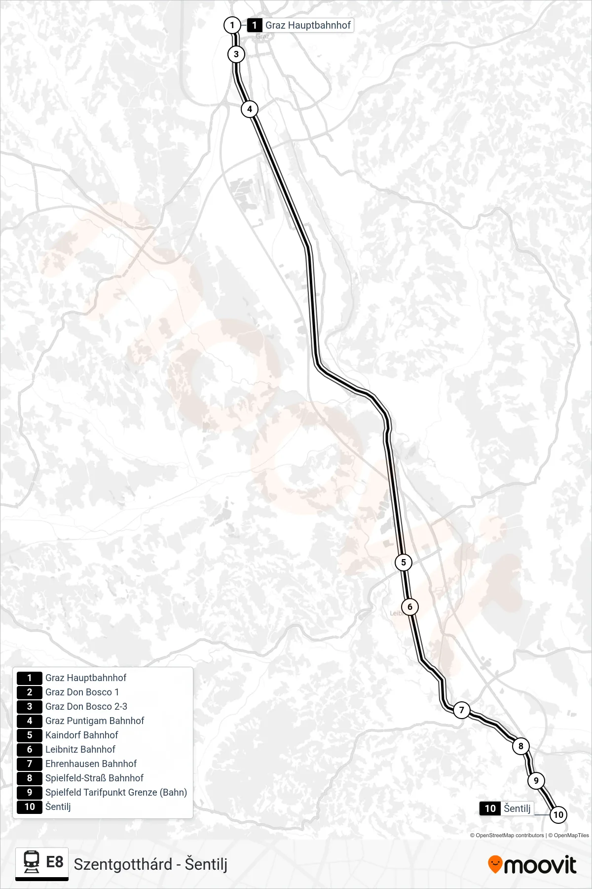 Linie E8 (Bahn) Richtung Maribor: Route und Haltestellen auf der Karte