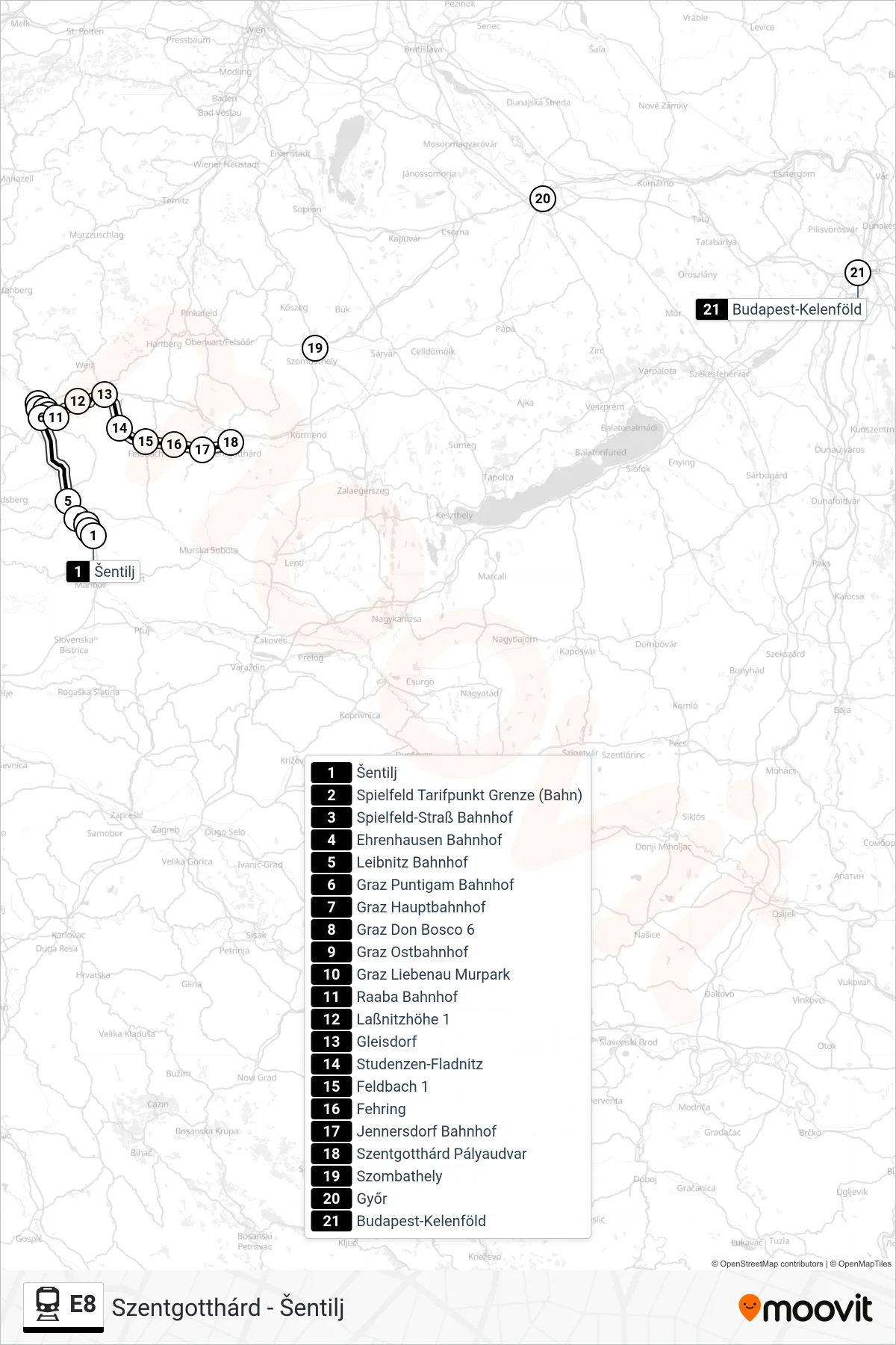 Linie E8 (Bahn) Richtung Budapest-Kelenföld: Route und Haltestellen auf der Karte