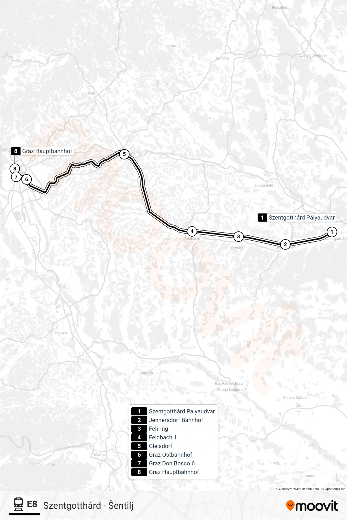 E8 train Line (Graz Hauptbahnhof) route and stops on a map