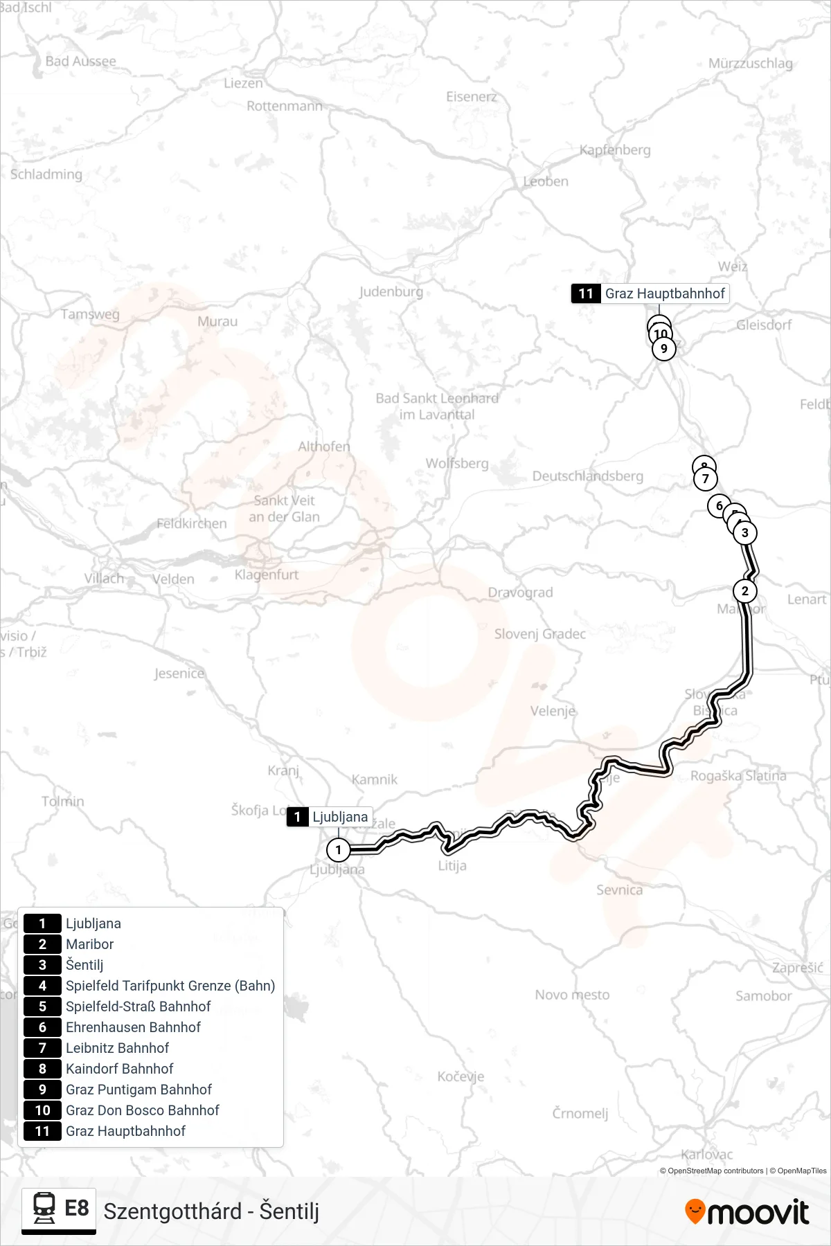 Linie E8 (Bahn) Richtung Graz Hauptbahnhof: Route und Haltestellen auf der Karte