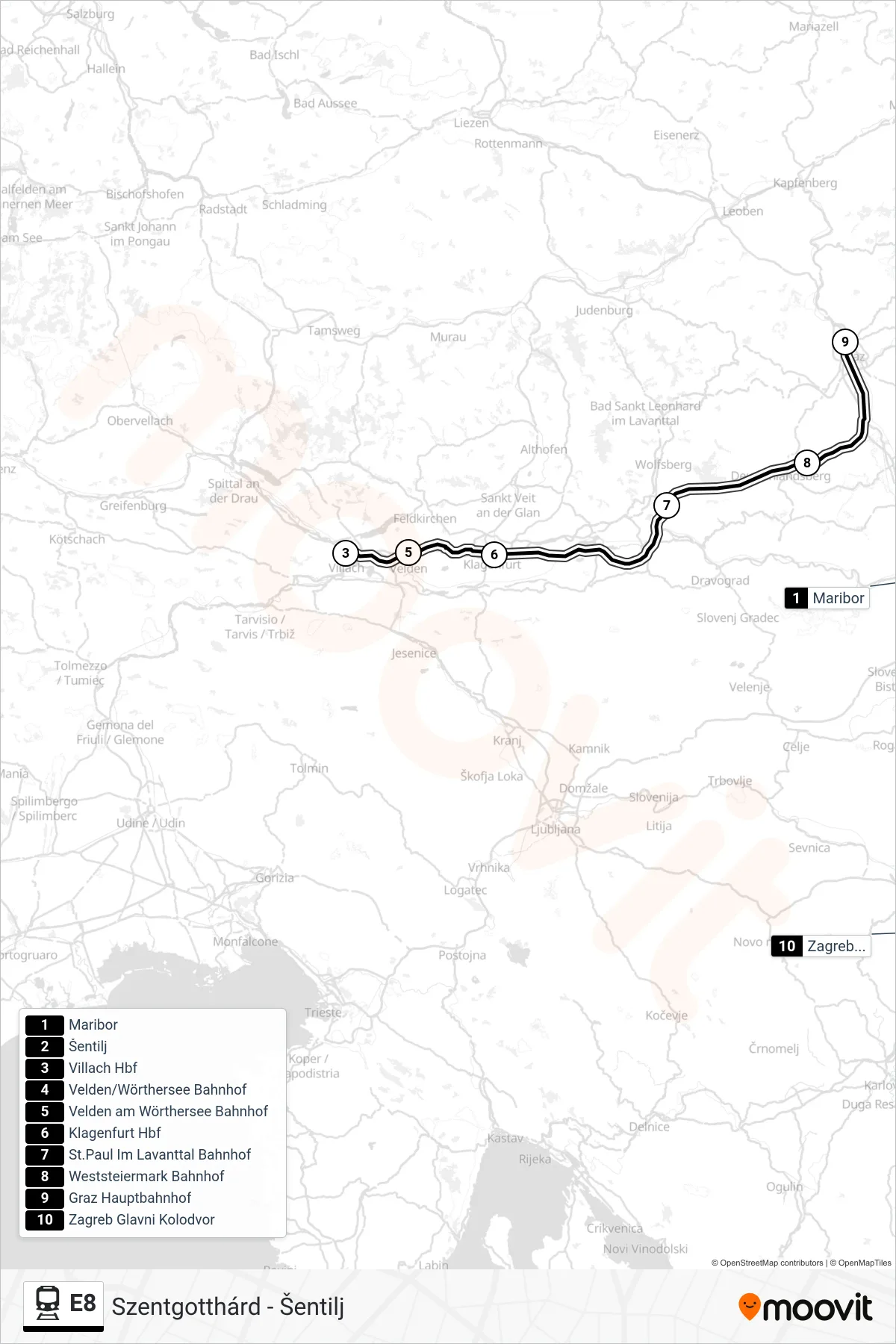 E8 train Line (Wien Hauptbahnhof) route and stops on a map