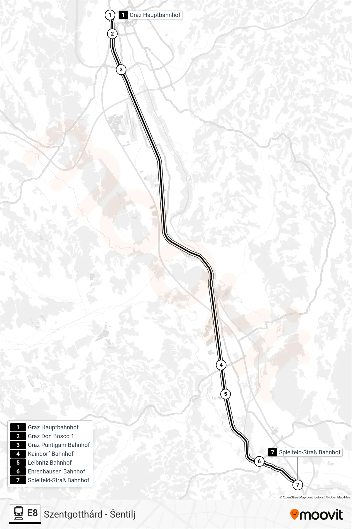 E8 train Line (Spielfeld-Straß) route and stops on a map