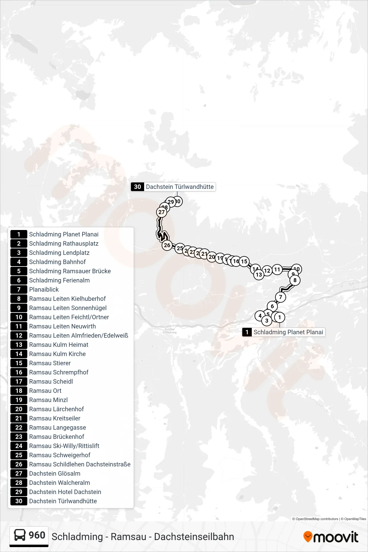 Linie 960 (Bus) Richtung Dachstein Türlwandhütte: Route und Haltestellen auf der Karte