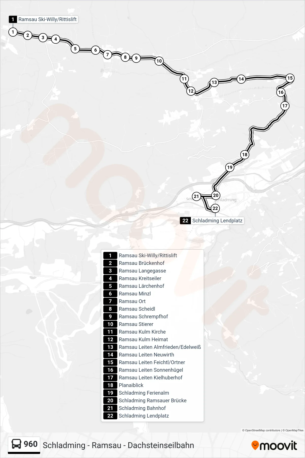 Linie 960 (Bus) Richtung Schladming Lendplatz: Route und Haltestellen auf der Karte