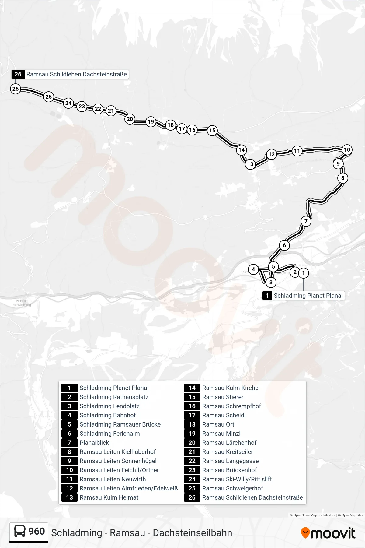 Linie 960 (Bus) Richtung Ramsau Schildlehen Dachsteinstraße: Route und Haltestellen auf der Karte