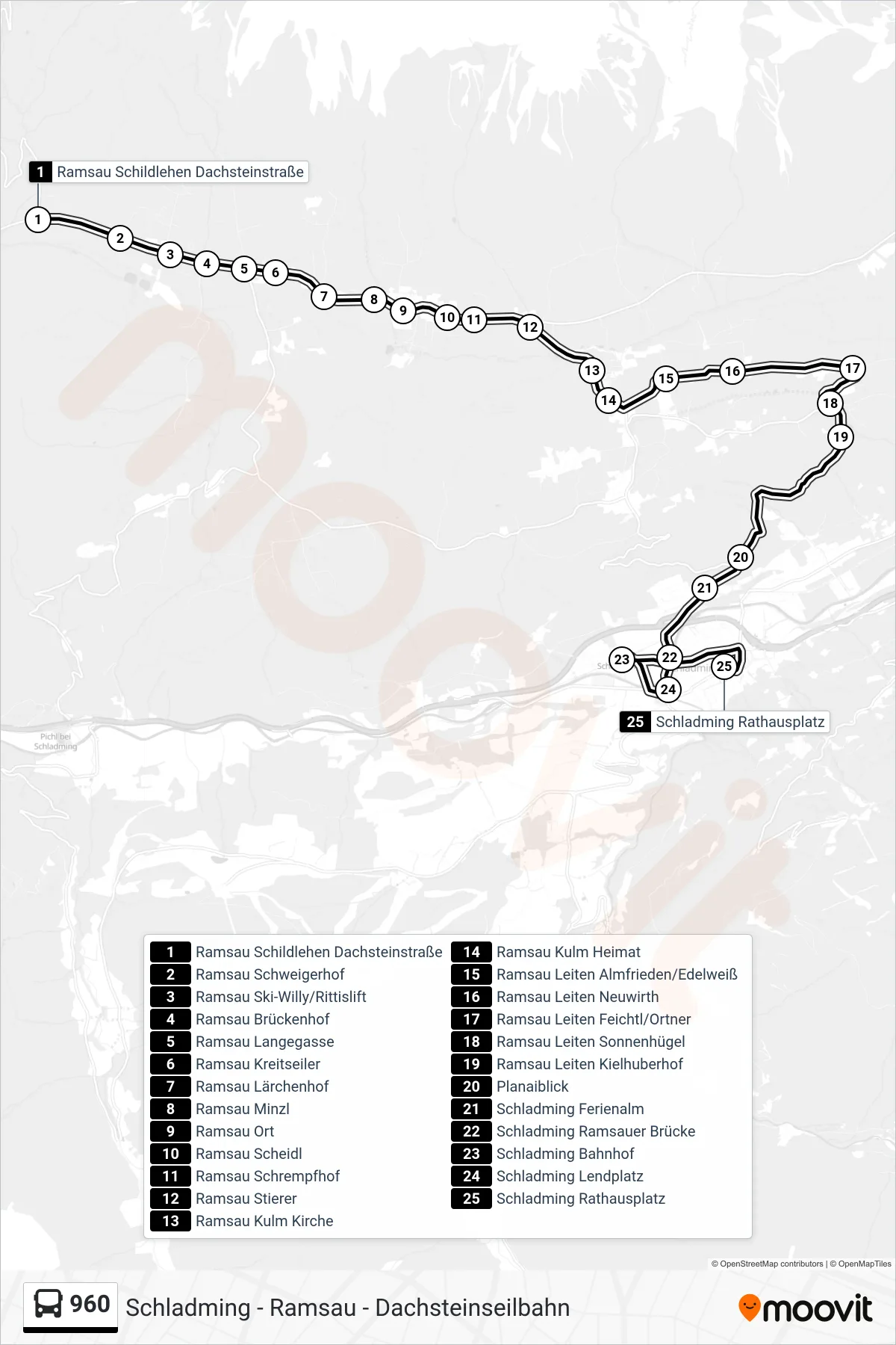 Linie 960 (Bus) Richtung Schladming Rathausplatz: Route und Haltestellen auf der Karte