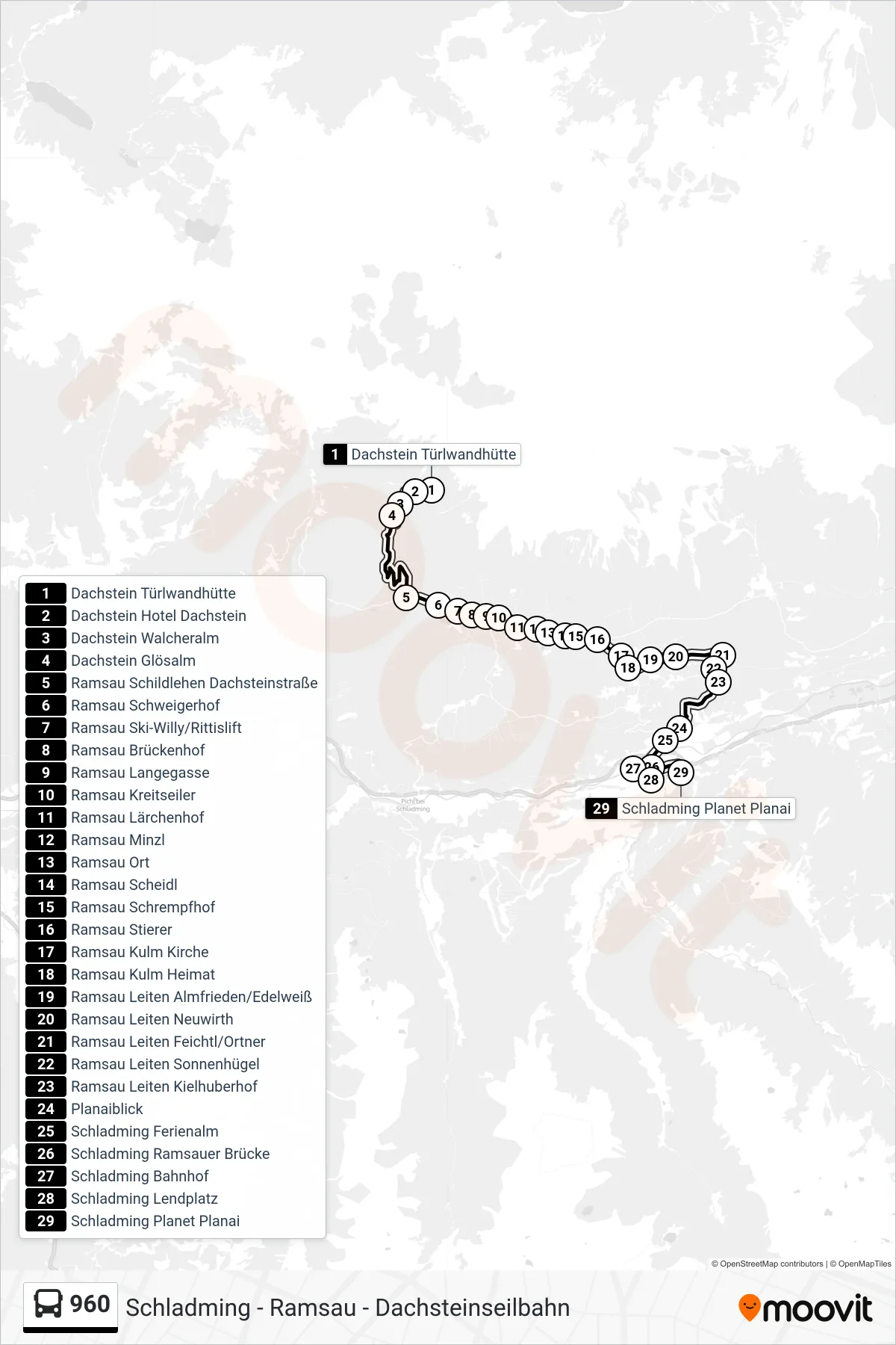Linie 960 (Bus) Richtung Schladming Planet Planai: Route und Haltestellen auf der Karte