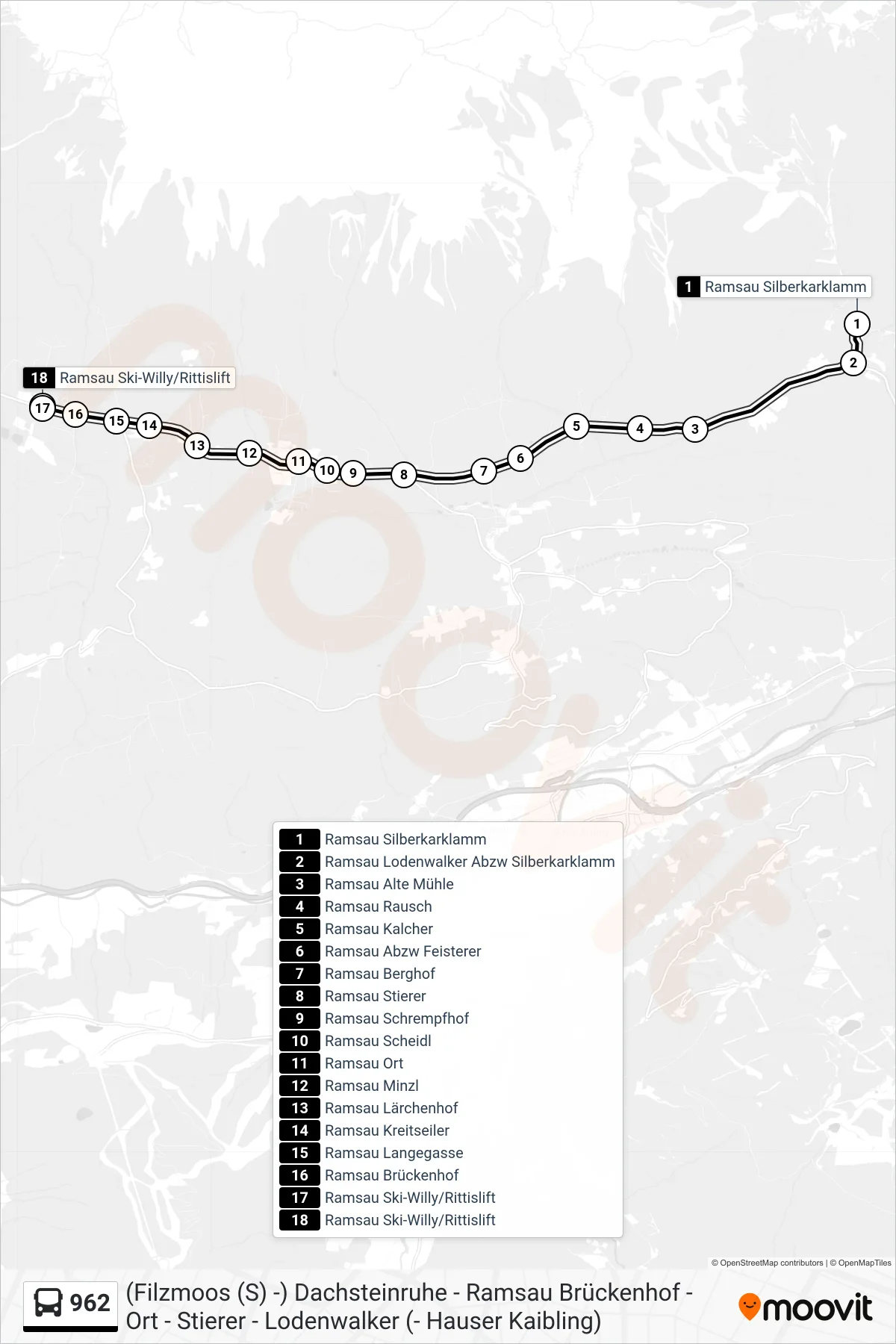 Linie 962 (Bus) Richtung Ramsau Ski-Willy/Rittislift: Route und Haltestellen auf der Karte