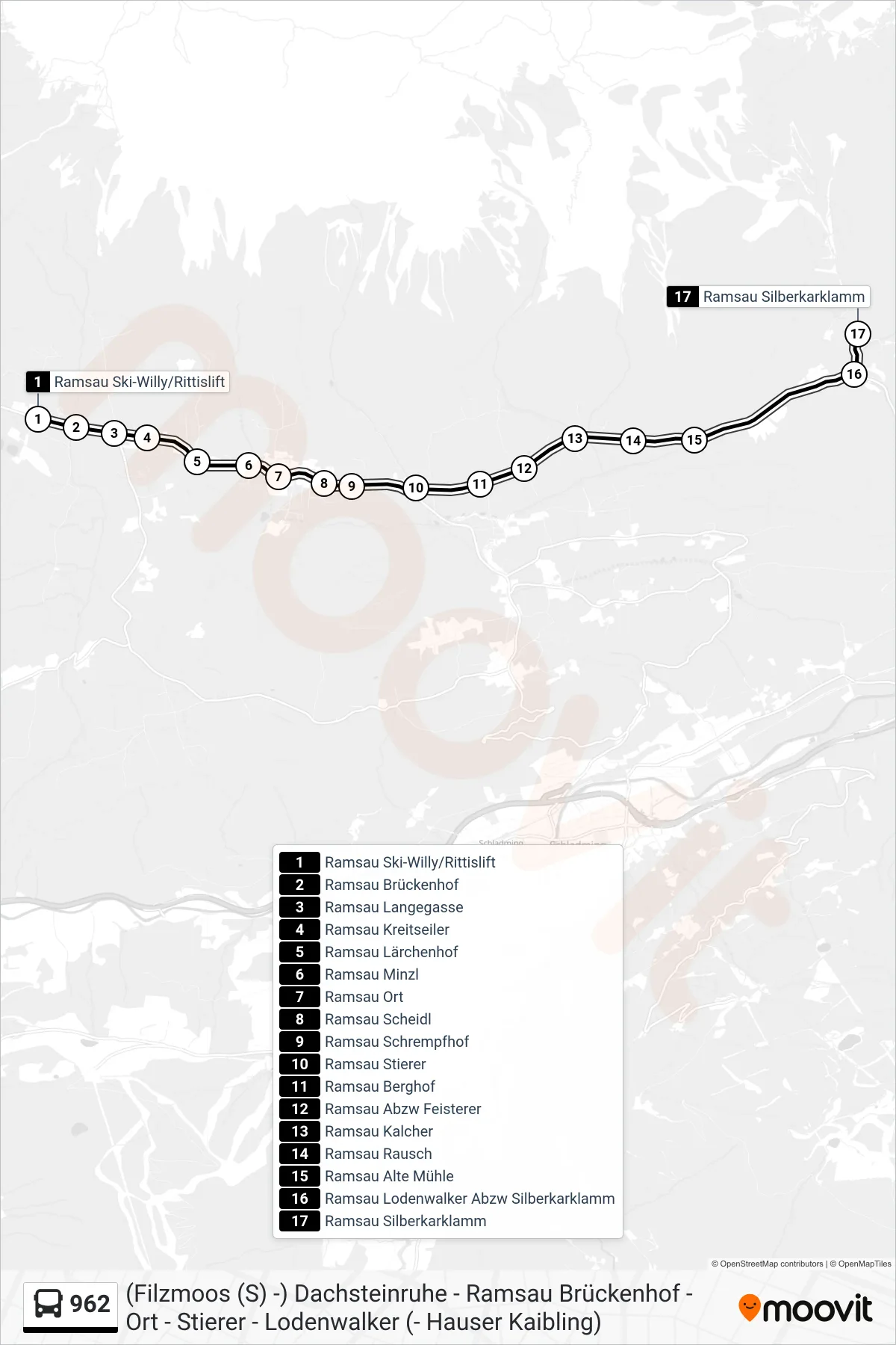 Linie 962 (Bus) Richtung Ramsau Silberkarklamm: Route und Haltestellen auf der Karte