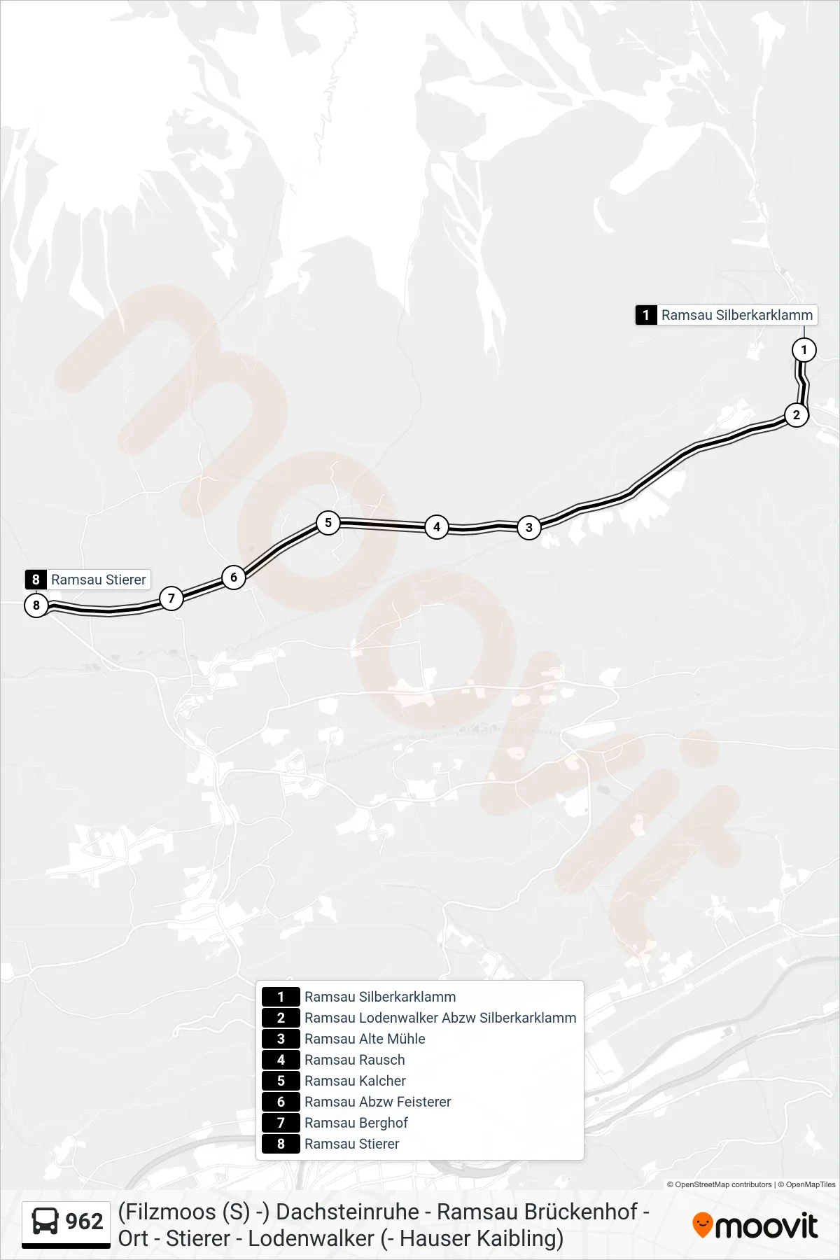 Linie 962 (Bus) Richtung Ramsau Stierer: Route und Haltestellen auf der Karte
