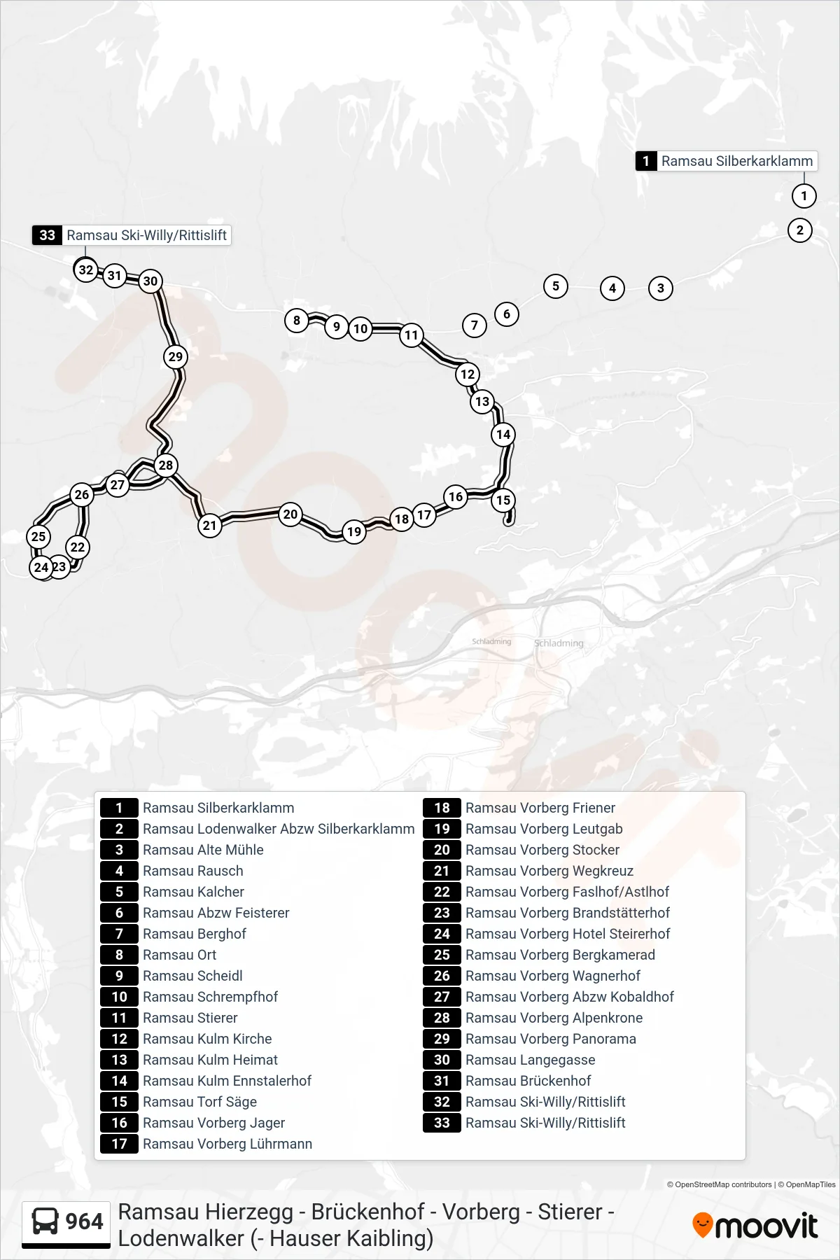Linie 964 (Bus) Richtung Ramsau Ski-Willy/Rittislift: Route und Haltestellen auf der Karte