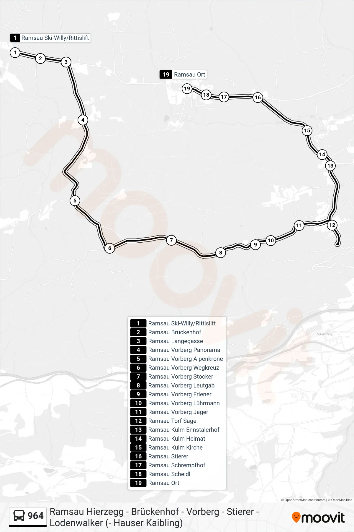 Linie 964 (Bus) Richtung Ramsau Ort: Route und Haltestellen auf der Karte
