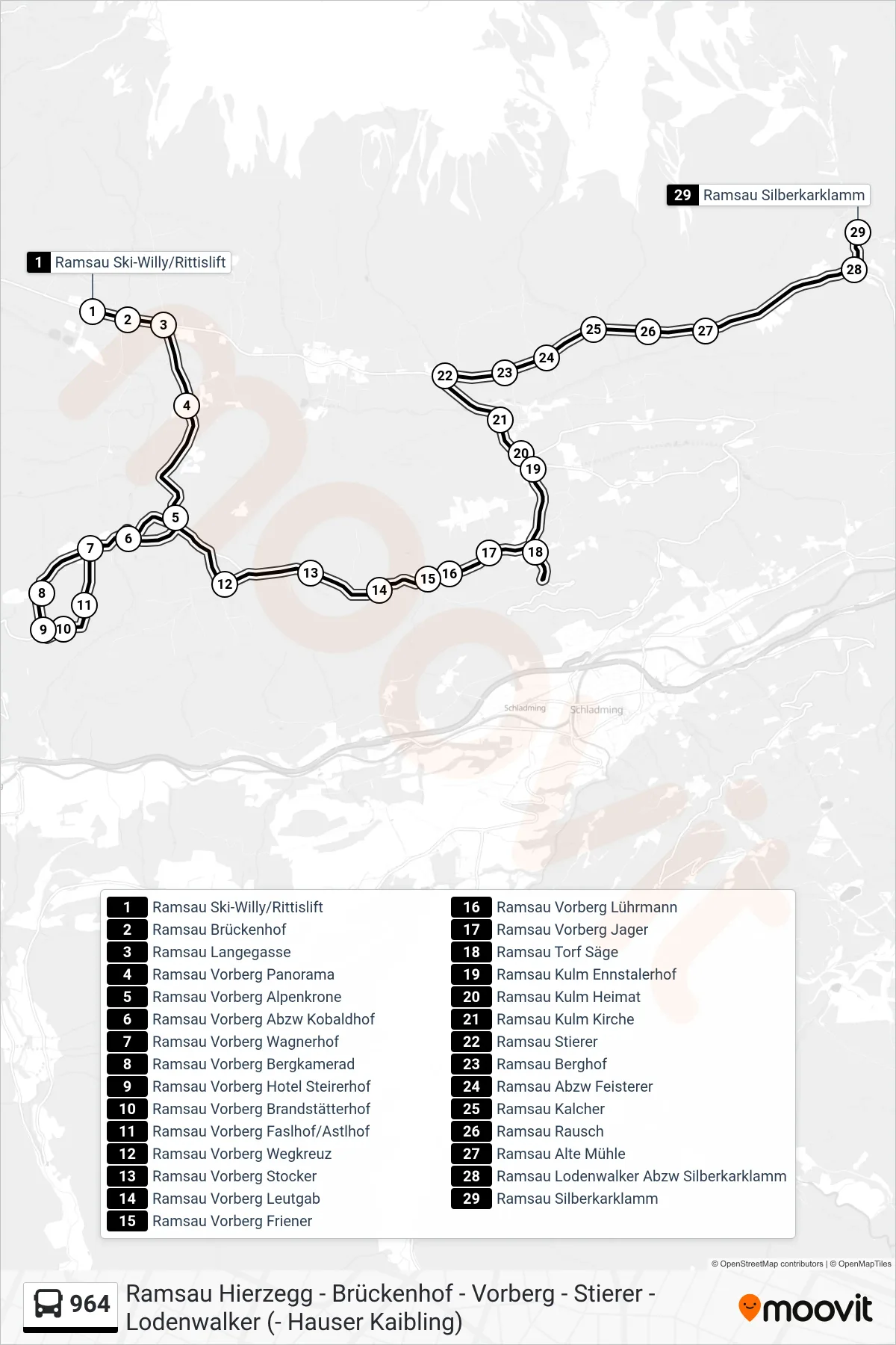 Linie 964 (Bus) Richtung Ramsau Silberkarklamm: Route und Haltestellen auf der Karte