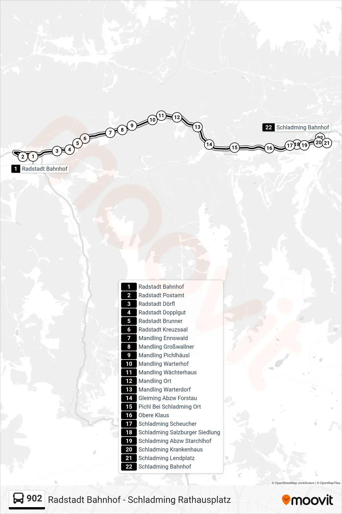 902 bus Line (Schladming Bahnhof) route and stops on a map