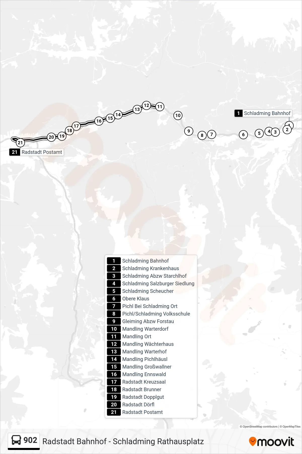 902 bus Line (Radstadt Postamt) route and stops on a map