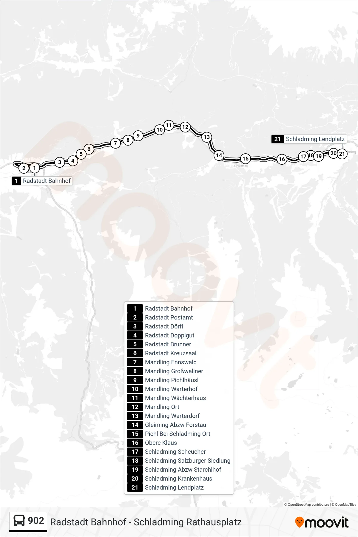902 bus Line (Schladming Lendplatz) route and stops on a map