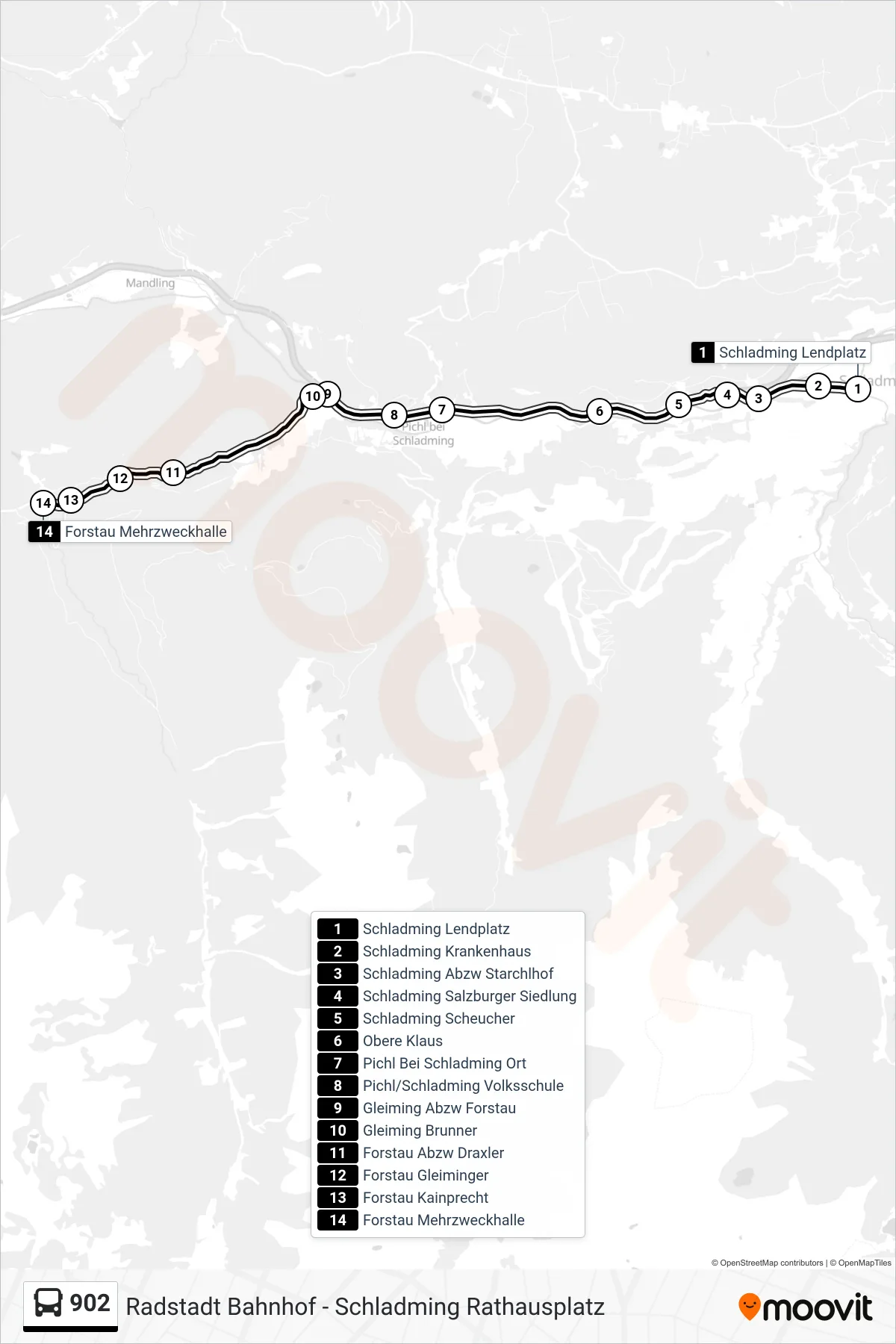 902 bus Line (Forstau Mehrzweckhalle) route and stops on a map