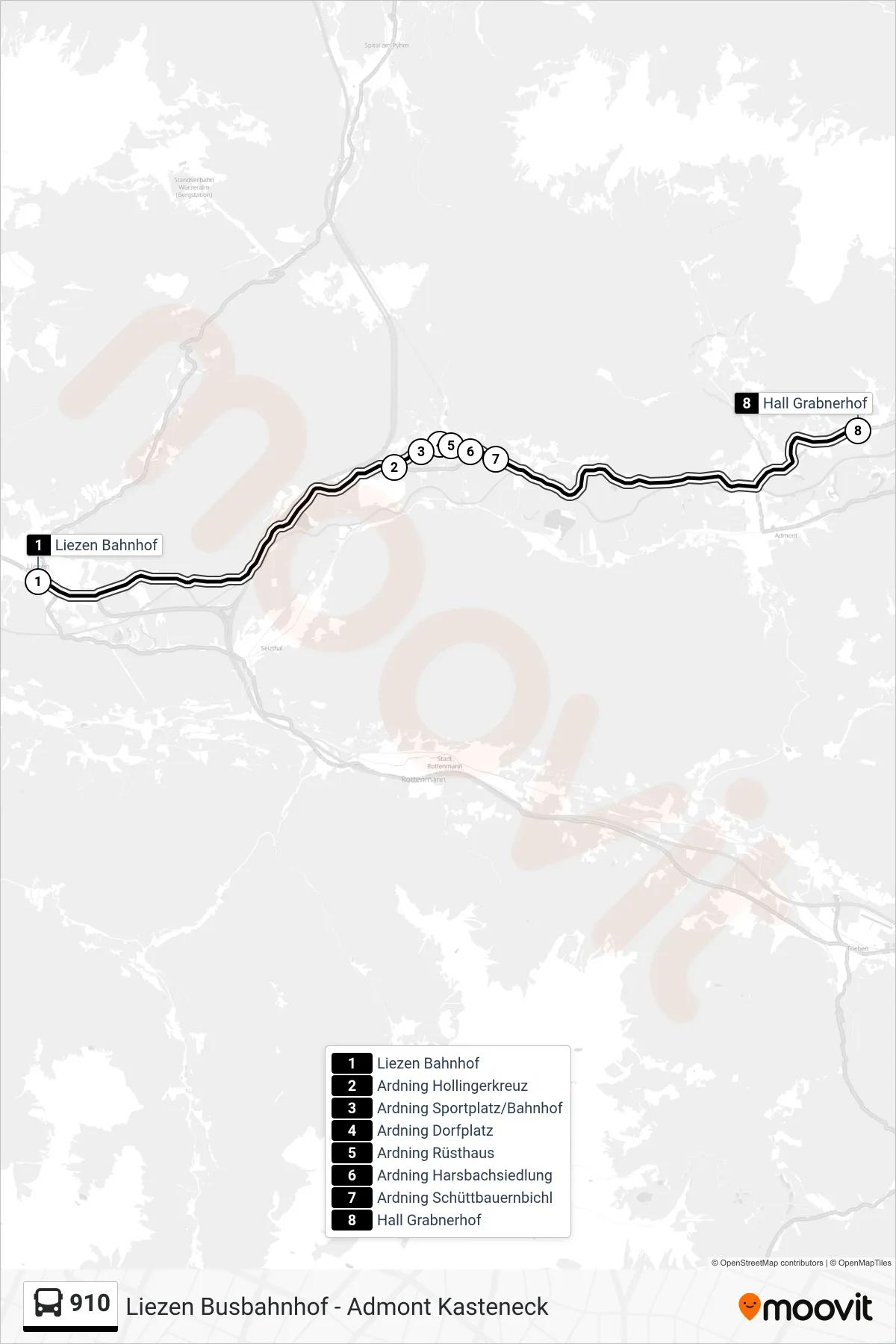 910 bus Line (Hall Grabnerhof) route and stops on a map