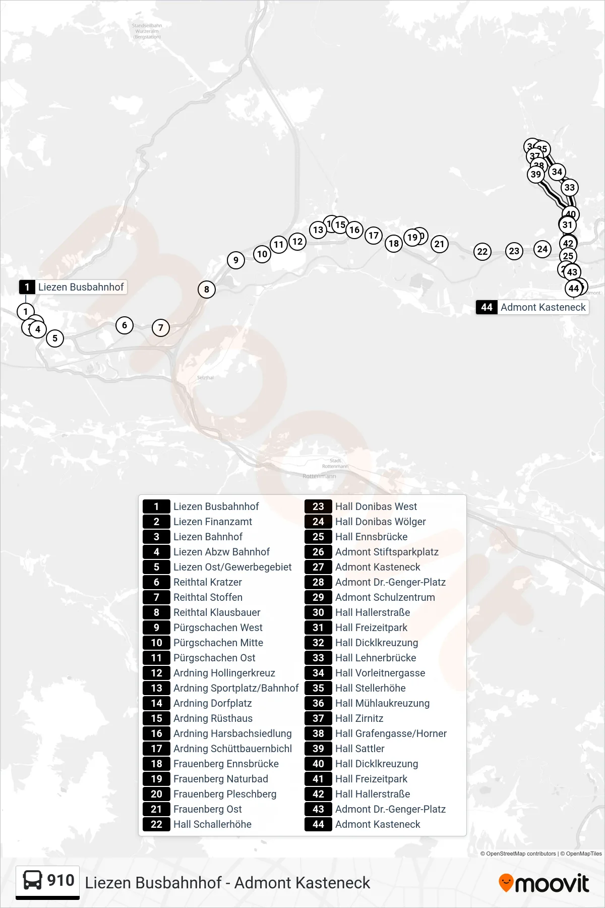 Linie 910 (Bus) Richtung Admont Kasteneck: Route und Haltestellen auf der Karte