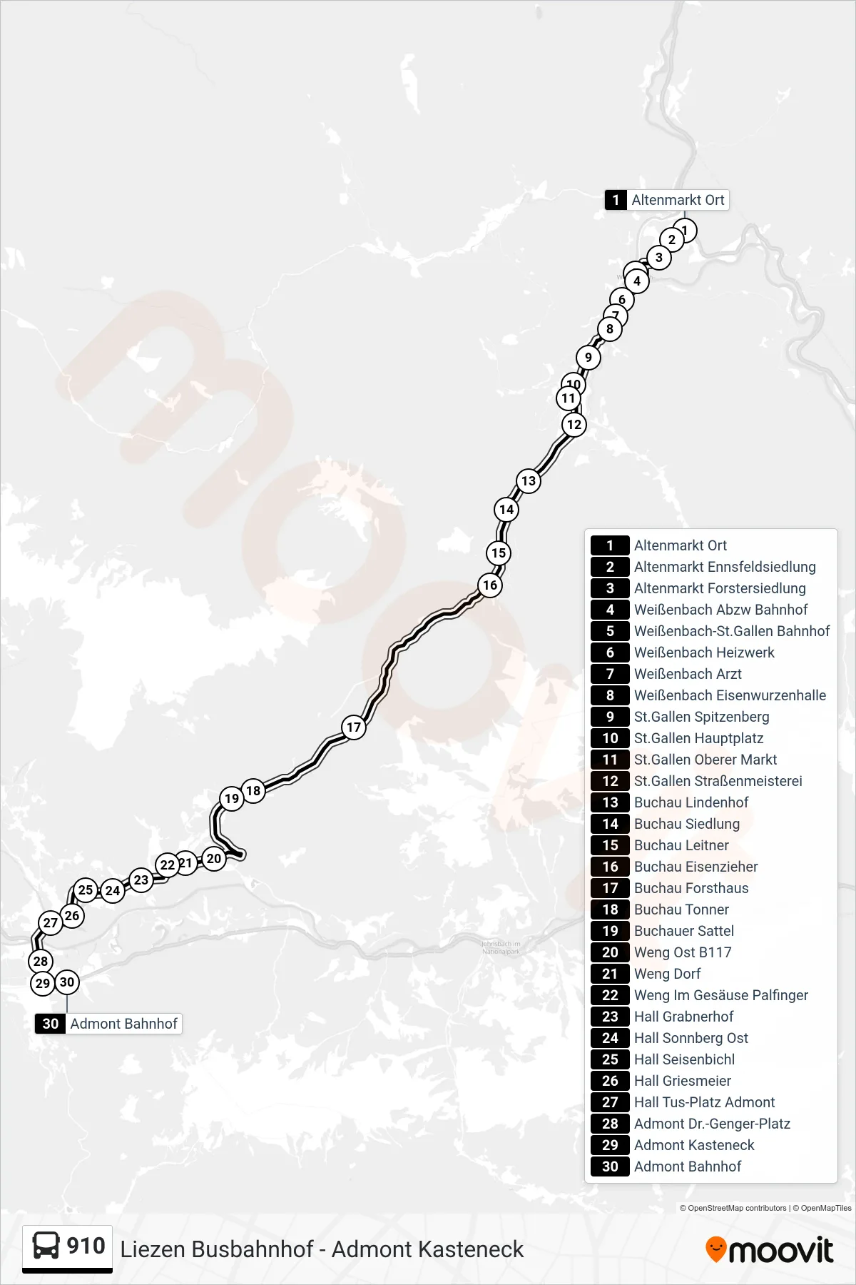 910 bus Line (Admont Bahnhof) route and stops on a map