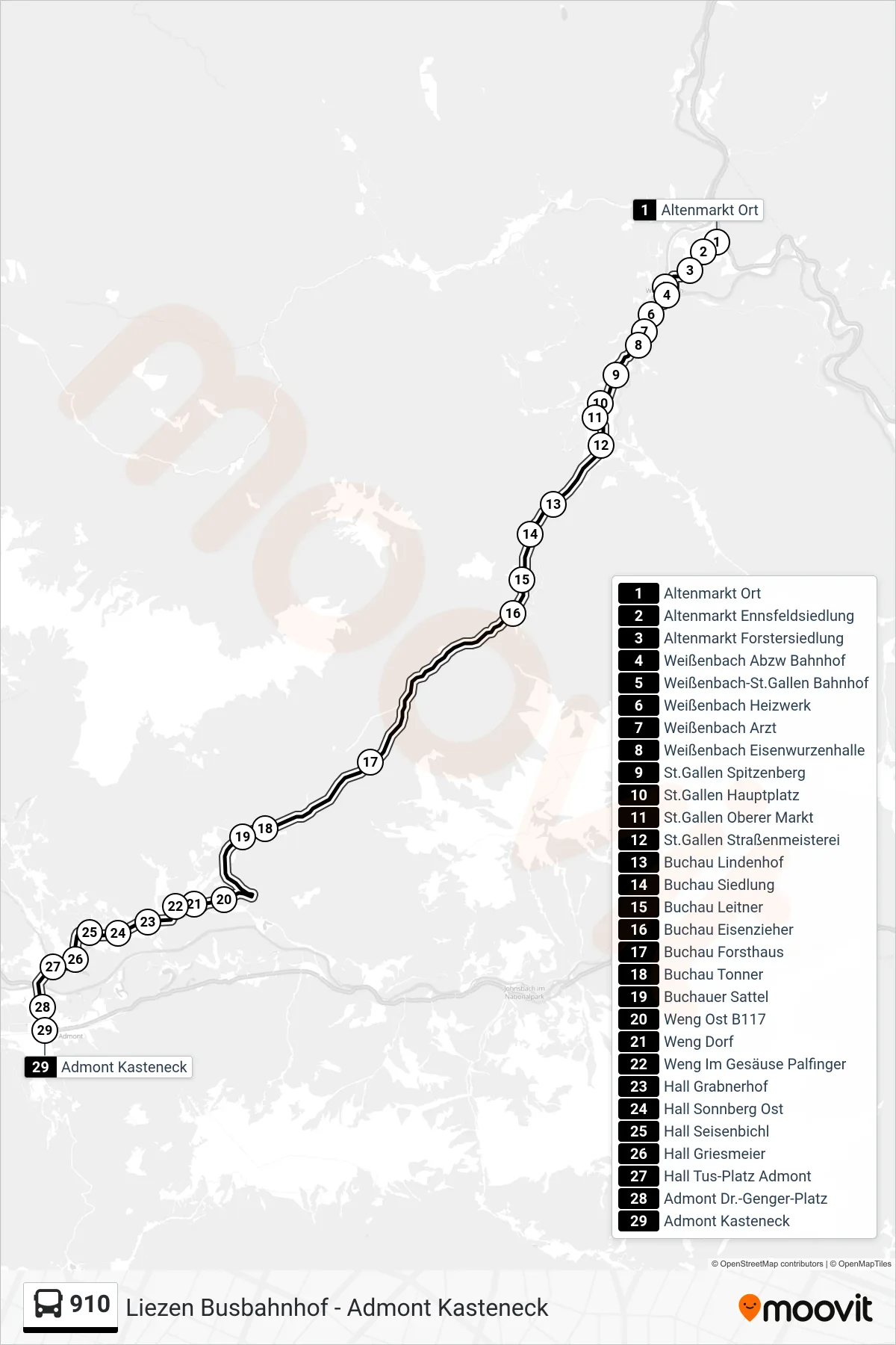 Linie 910 (Bus) Richtung Admont Kasteneck: Route und Haltestellen auf der Karte
