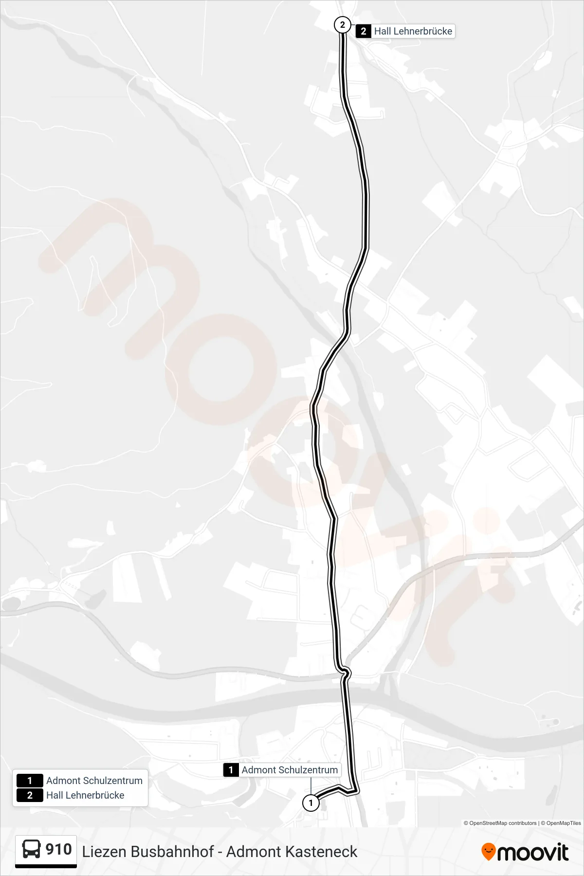 910 bus Line (Hall Lehnerbrücke) route and stops on a map