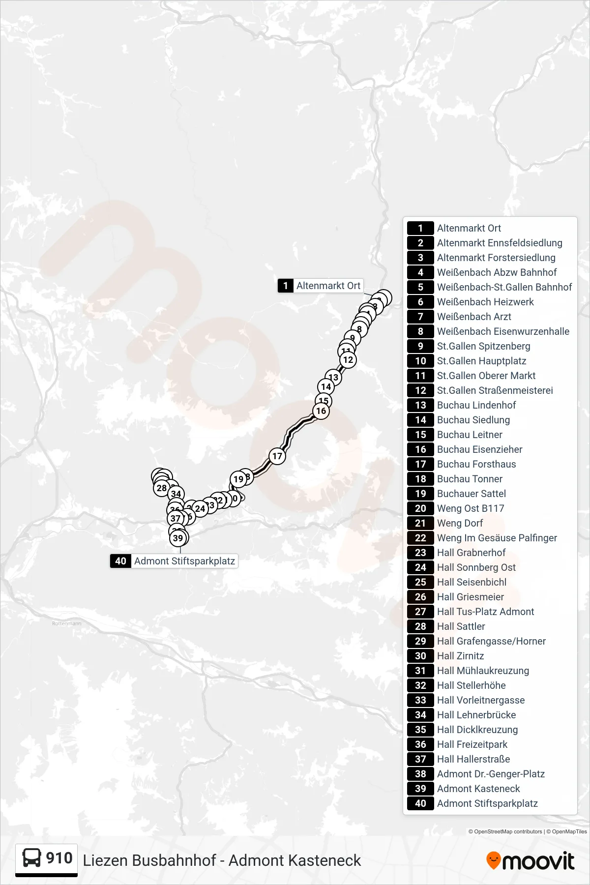 Linie 910 (Bus) Richtung Admont Stiftsparkplatz: Route und Haltestellen auf der Karte