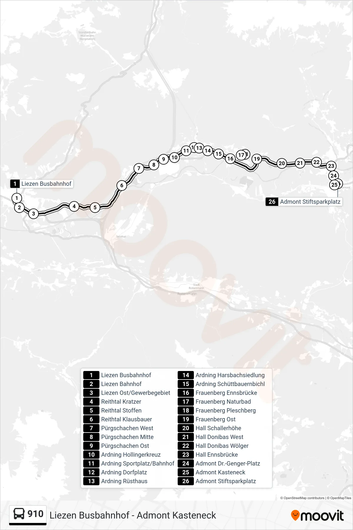 910 bus Line (Admont Stiftsparkplatz) route and stops on a map