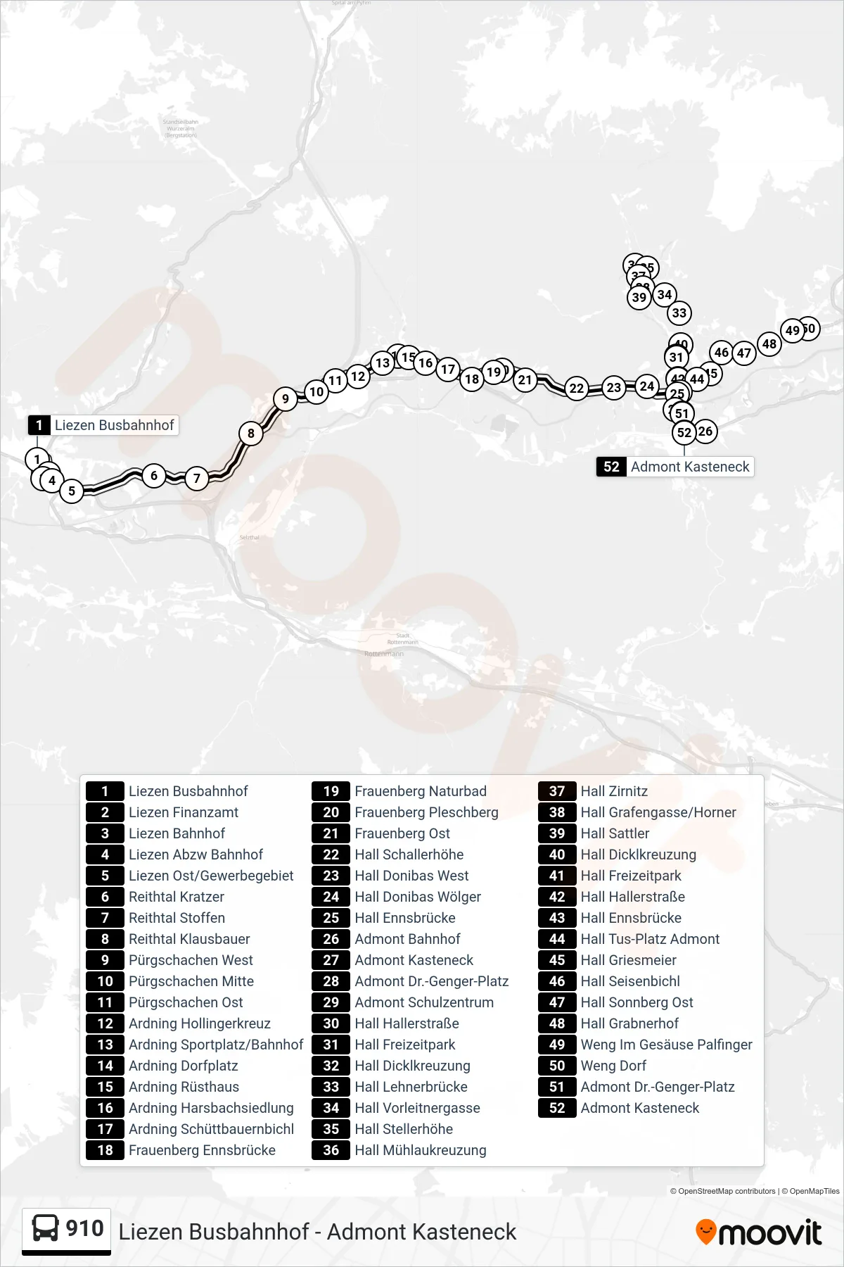 910 bus Line (Admont Bahnhof) route and stops on a map