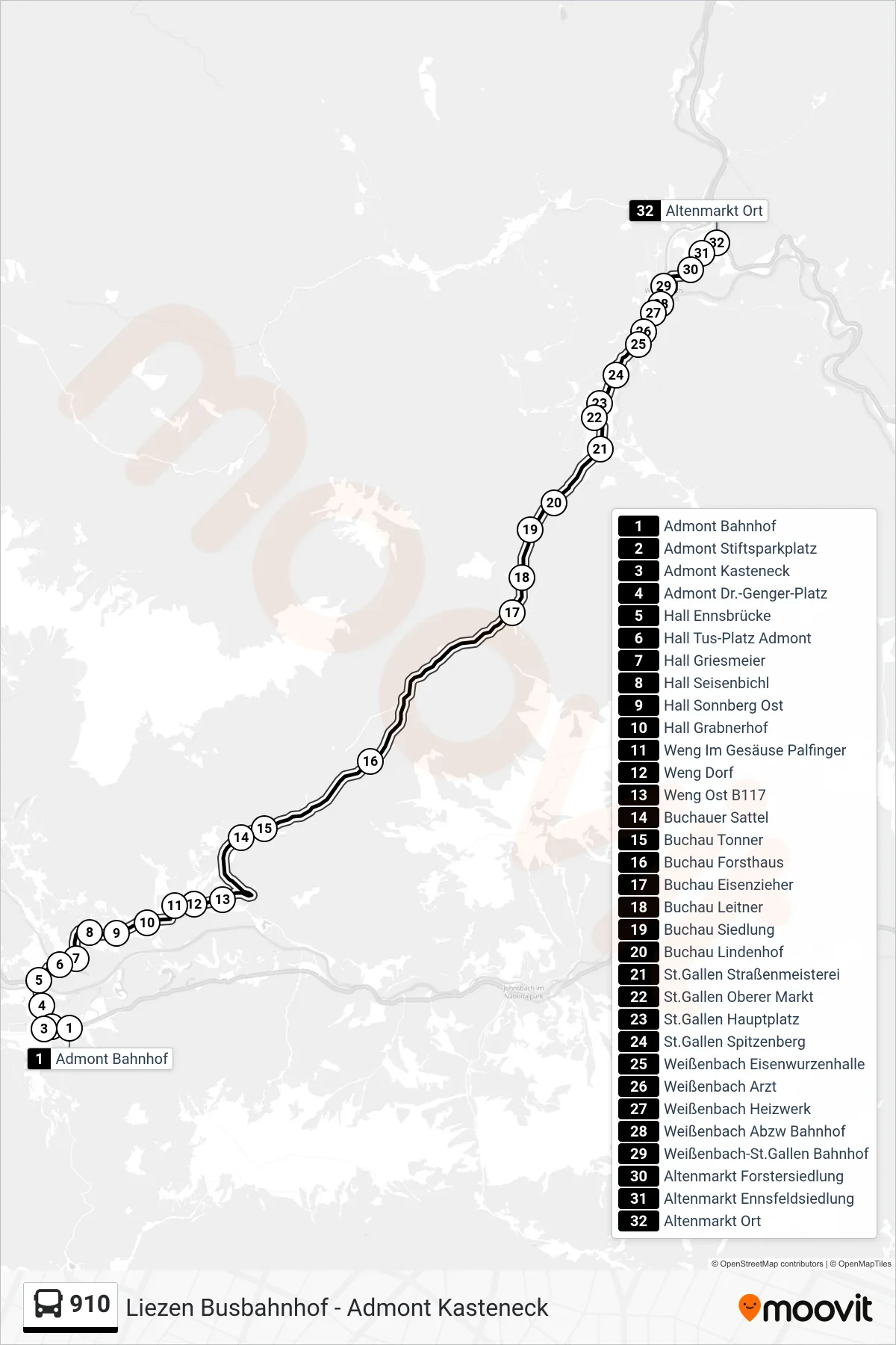 910 bus Line (Altenmarkt Ort) route and stops on a map
