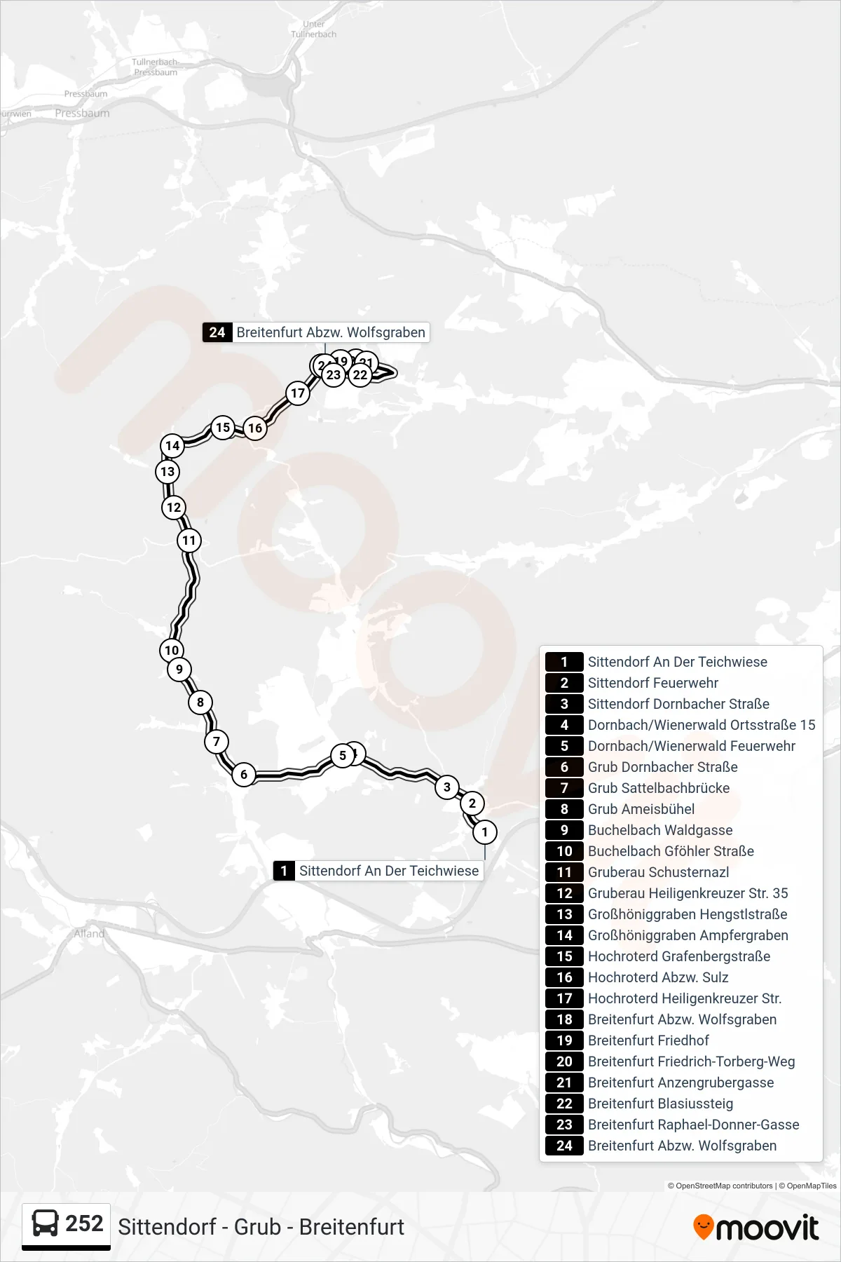 252 bus Line (Breitenfurt Abzw. Wolfsgraben) route and stops on a map