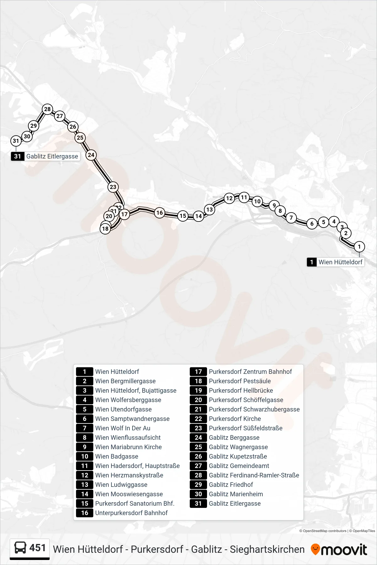 Linie 451 (Bus) Richtung Gablitz Eitlergasse: Route und Haltestellen auf der Karte