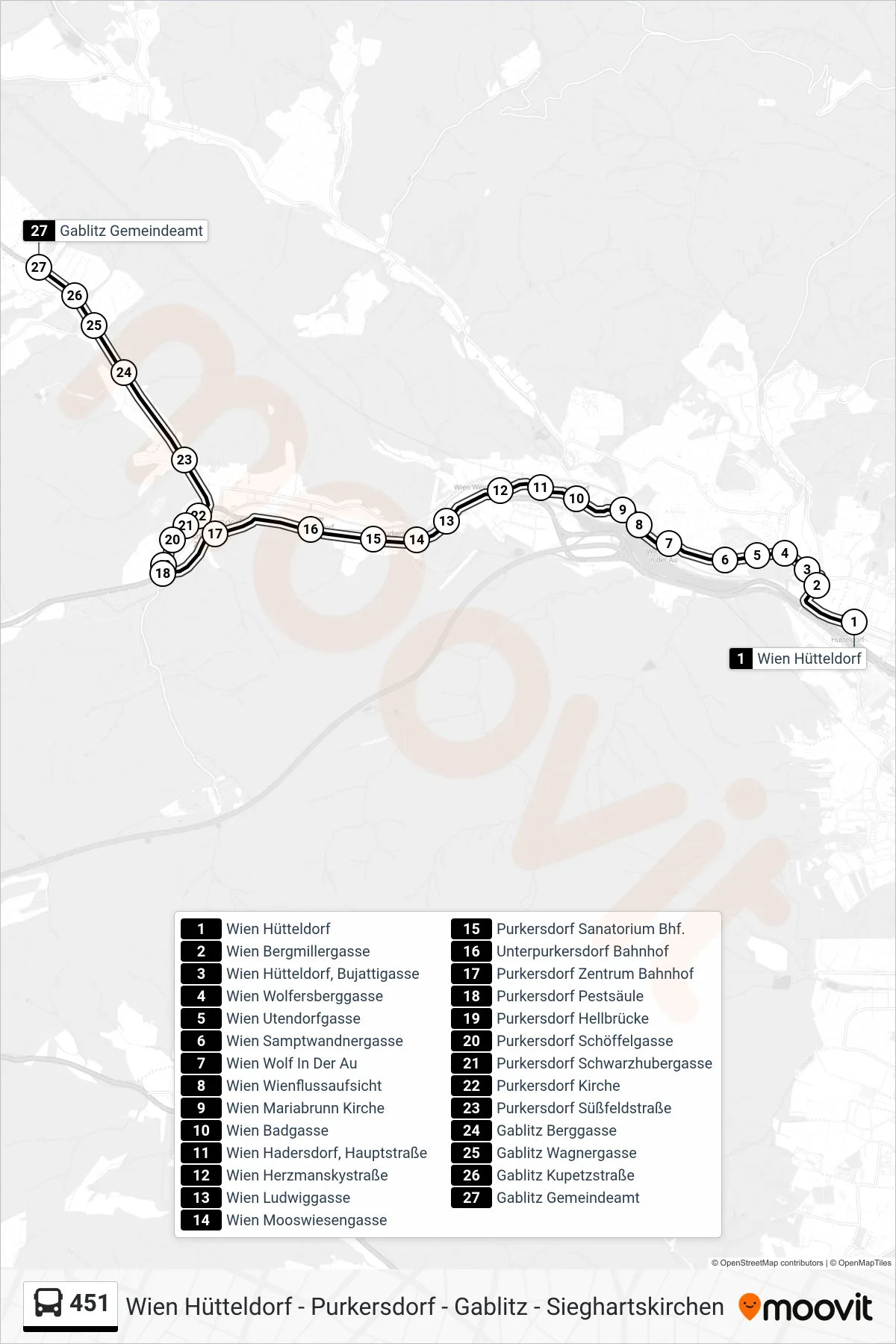 451 bus Line (Gablitz Gemeindeamt) route and stops on a map