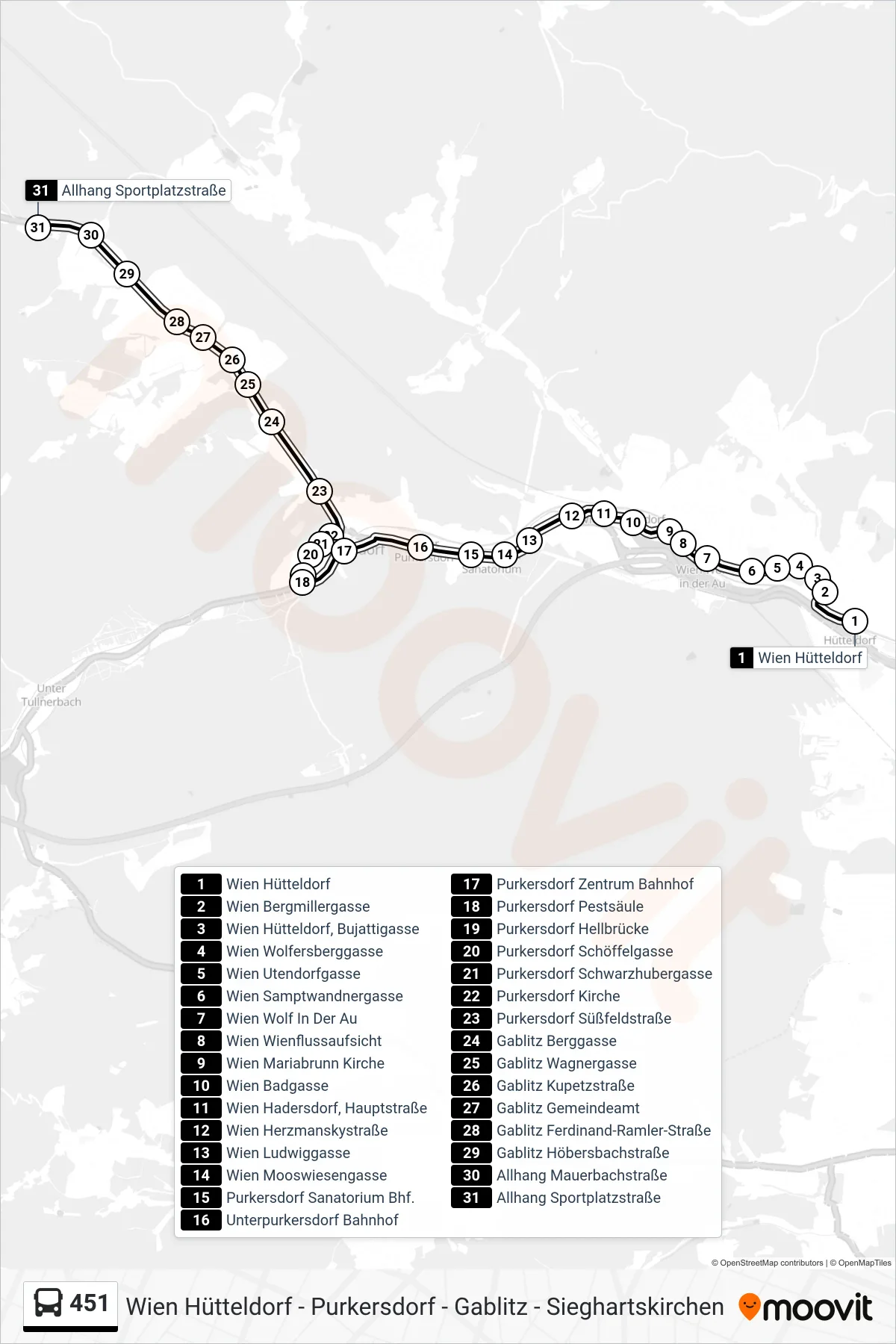 451 bus Line (Allhang Sportplatzstraße) route and stops on a map