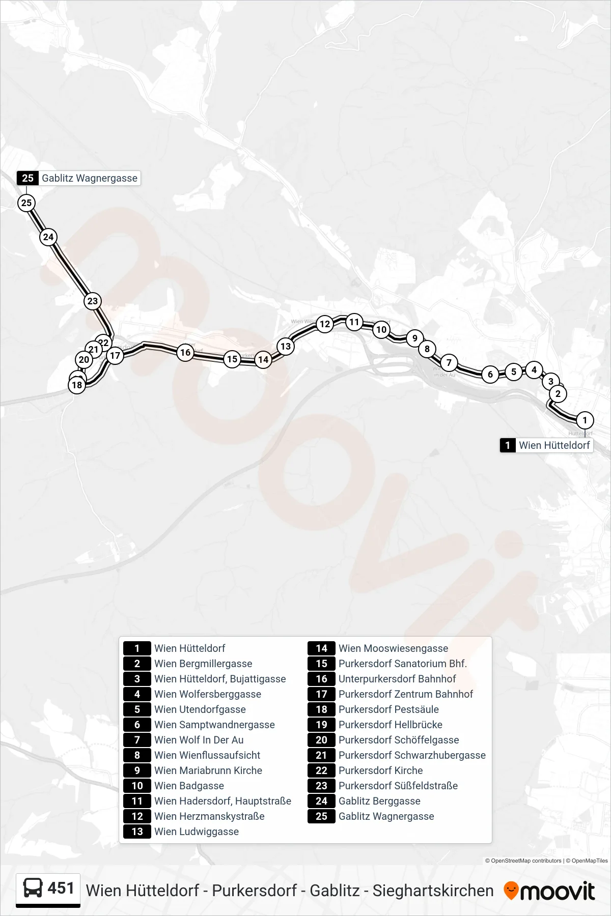 451 bus Line (Gablitz Wagnergasse) route and stops on a map