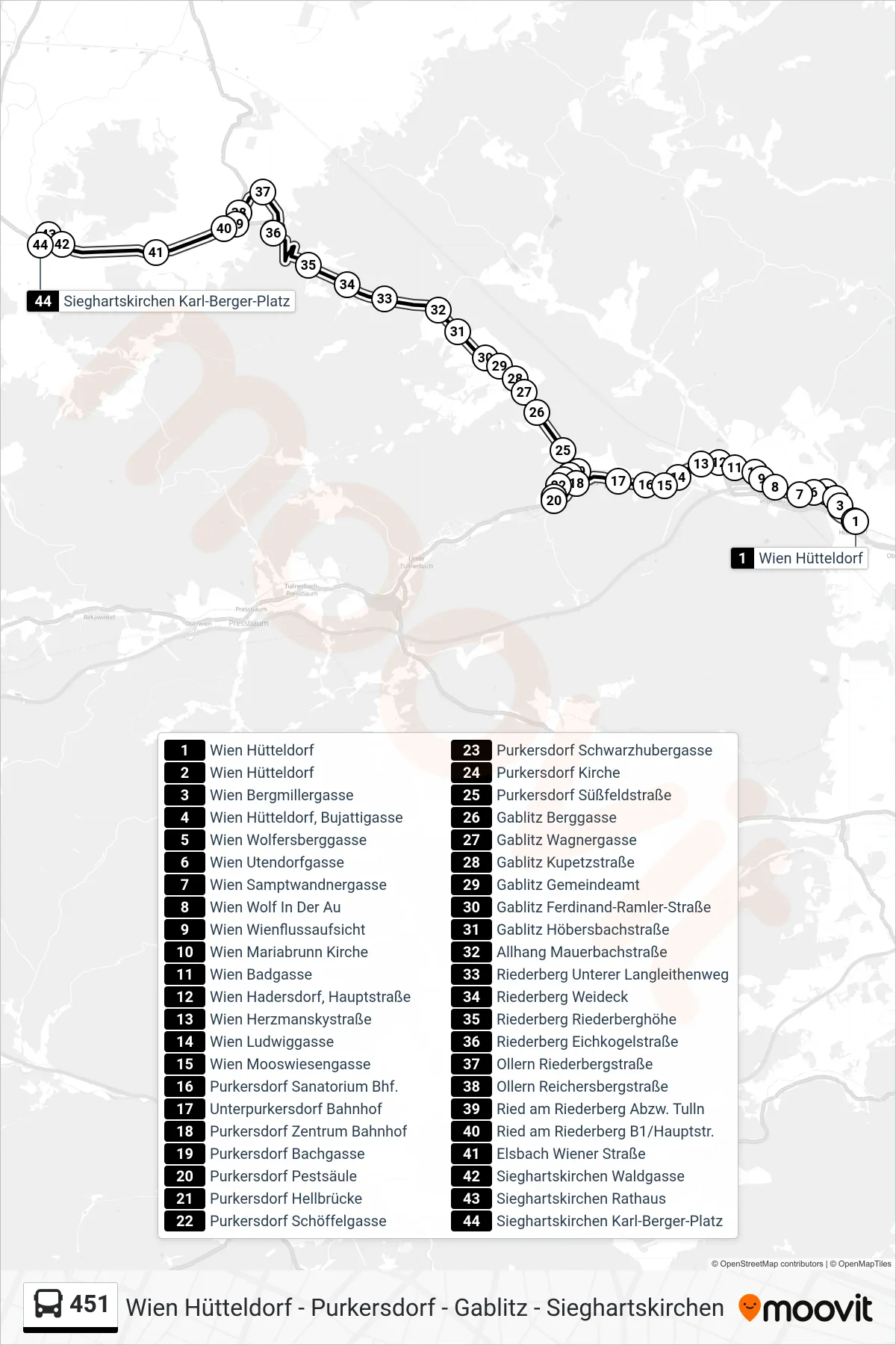 451 bus Line (Sieghartskirchen Karl-Berger-Platz) route and stops on a map