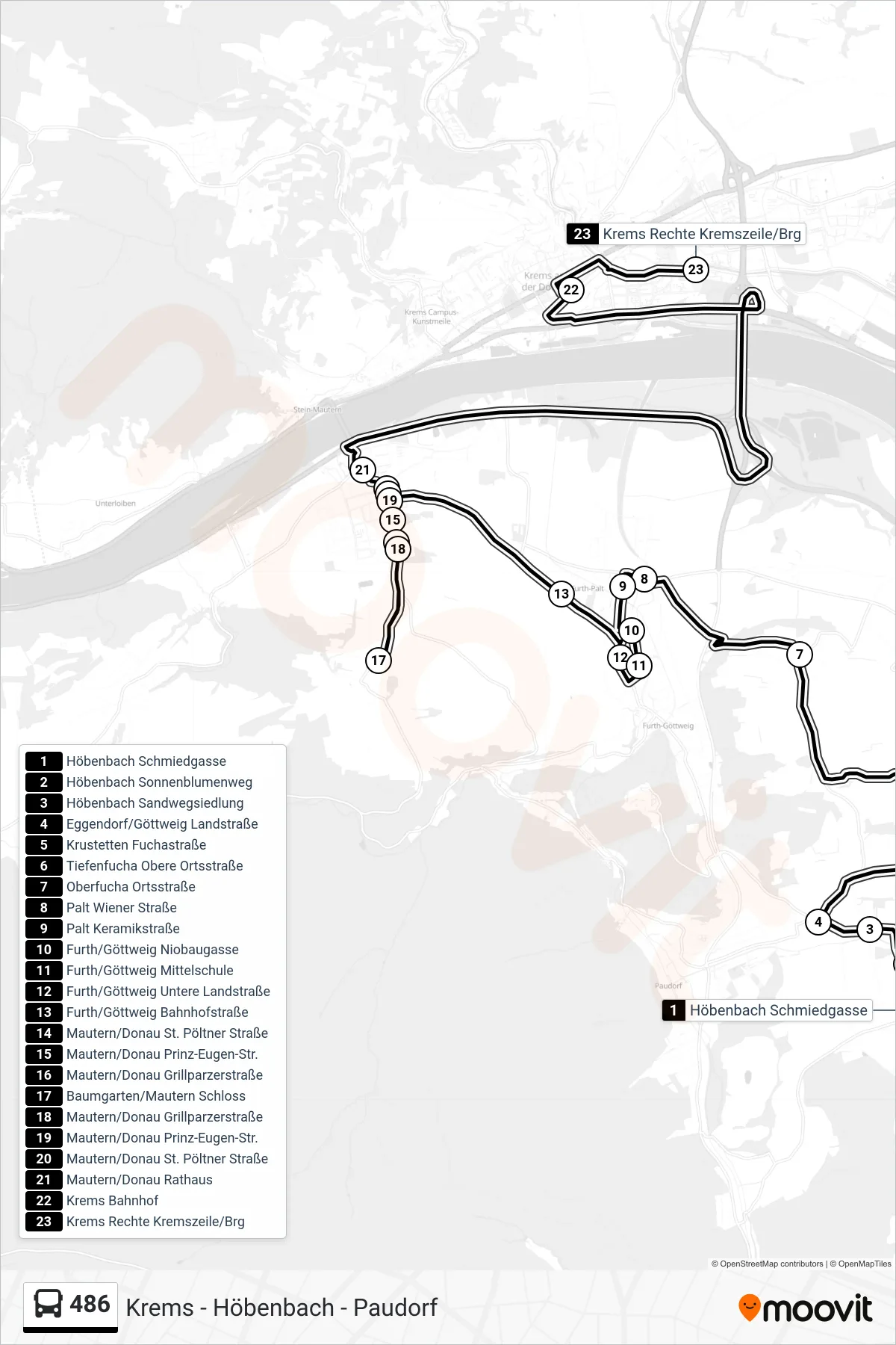 Linie 486 (Bus) Richtung Krems Rechte Kremszeile/Brg: Route und Haltestellen auf der Karte