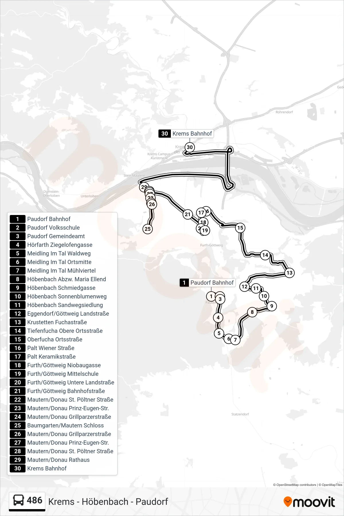 486 bus Line (Krems Bahnhof) route and stops on a map
